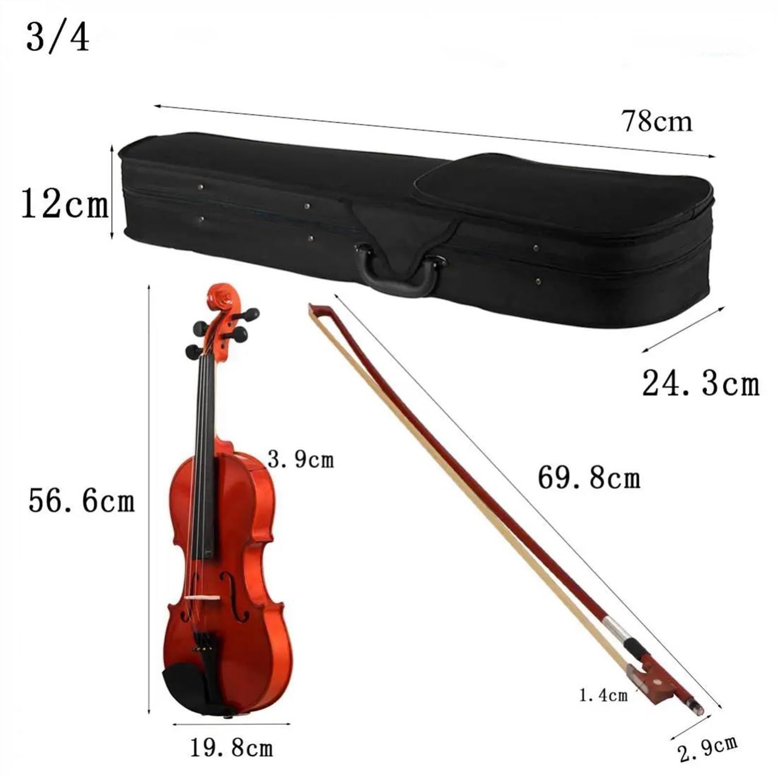 Violine 4/4 3/4 1/2 Akustikvioline Geige Linde Mit Koffer Und Bogen Saiteninstrumente(3-4)