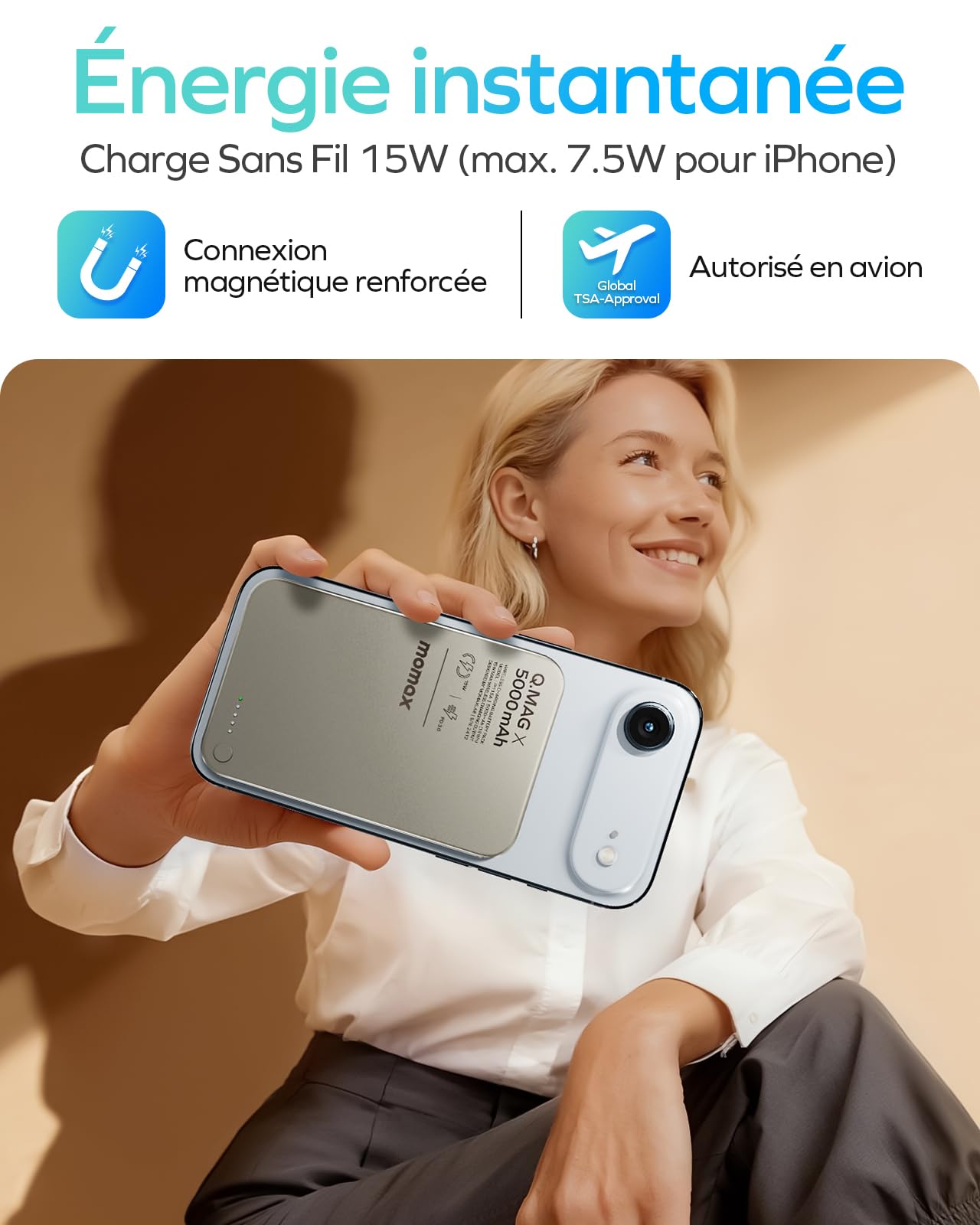 MOMAX Batterie Externe Magnétique sans Fil 5000 mAh, Chargeur Portable Ultra-Fin de 0,76 cm Compatible MagSafe, Recharge Rapide USB-C PD 20 W, pour Les séries iPhone 17/16/15/14/13/12