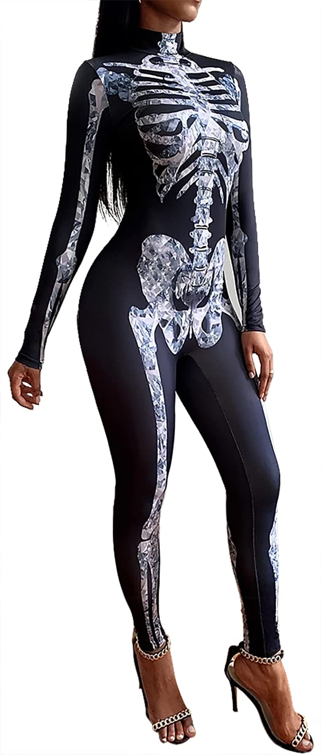 UQJEWomens Halloween Skeleton Costume Print Stretch Bodysuit Skinny Catsuit Cosplay Jumpsuit