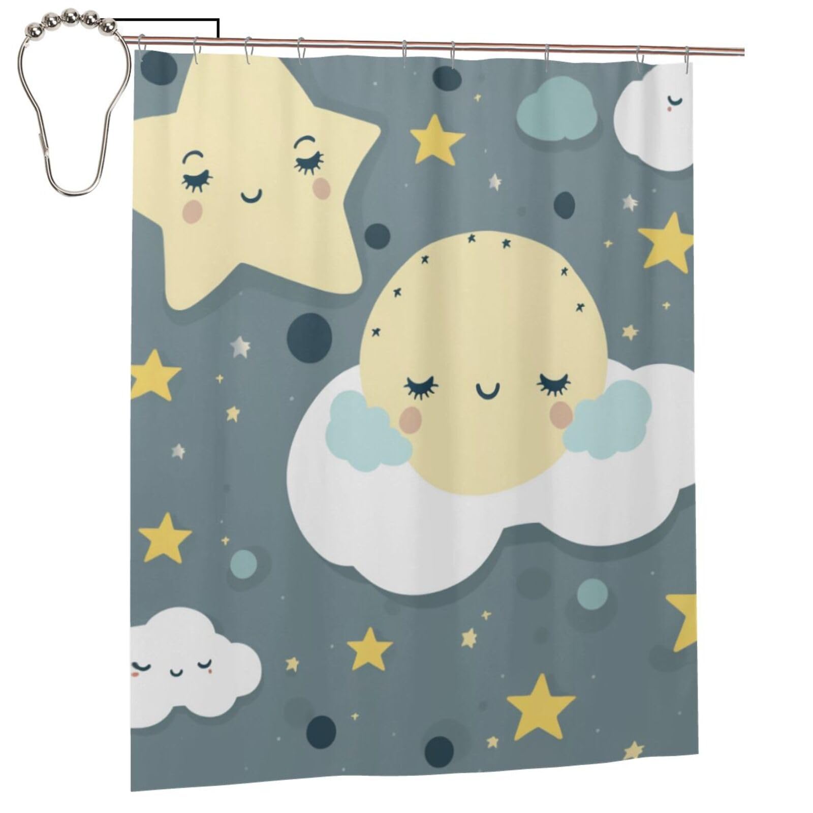 BWWHCCTI Moon Cloud Star Printed Shower Curtain With 12 Iron Hooks Opaque Quick Drying Waterproof Shower Curtains Sets For Bathroom 152x183 Cm