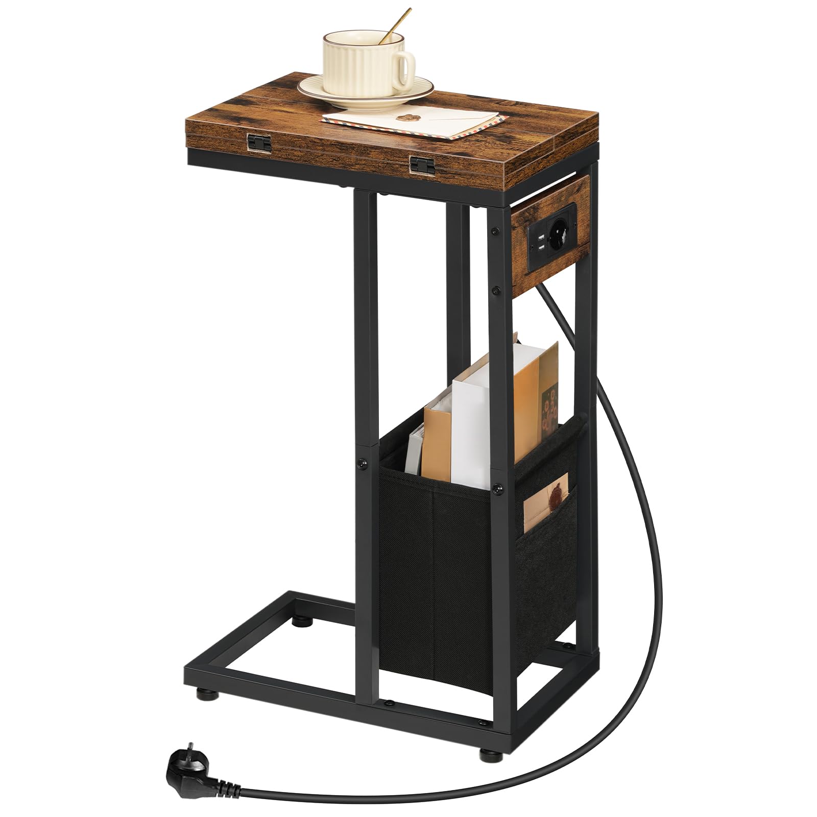 HOOBRO Mesa de Centro Plegable en Forma de C, Vintage Marrón y Negro | Base de Carga, Bolsa de Tela, Para Espacios Reducidos, Fácil Montaje, EBF30CSF01