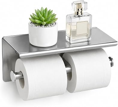 Double Toilet Paper Holder,Stainless Steel Toilet Tissue Roll Holder with Shelf,Toilet Paper Holder Wall Mount for Bathroom Cell Phone Rack,Brushed Silver