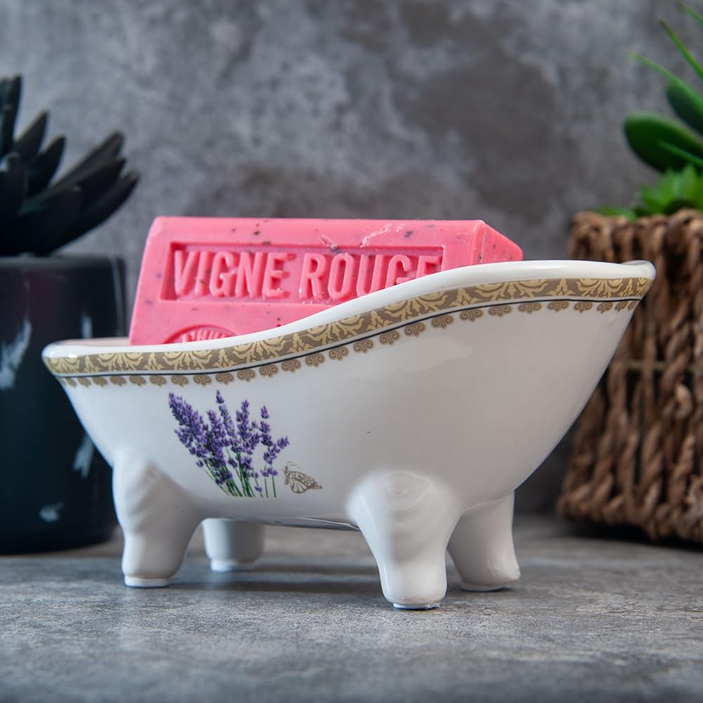 Label Provence Nature Multicoloured Savon De Marseille Soap Dish - French Vintage Style Ceramic Clawfoot Bathtub - Self Draining - Perfect For Bathroom Kitchen Or Home Decor - White Lavender -14.5 X 7 X 6.5Cm