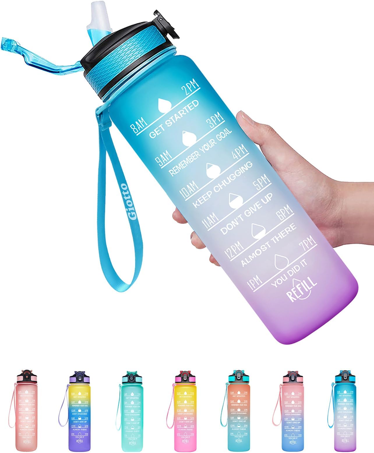 32Oz Plastic Leakproof Bpa-Free With Time Marker & Straw Drinking Water Bottle To Ensure You Drink Enough Water Throughout The Day (Ombre Green, Purple, Large, Pack Of 1), 32 ounce