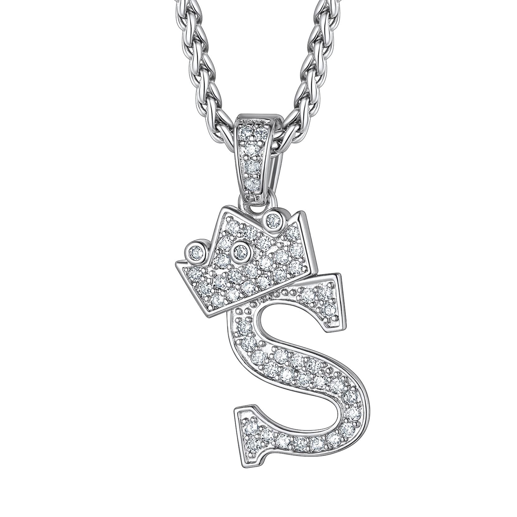 Richsteel Silver Crown Initial A-Z Necklace, Cubic Zirconia Letter Pendant with 22"+2'' Adjustable Chain, Men Women Bling Hip Hop Jewelry for Father's Day/Anniversaries/Birthdays