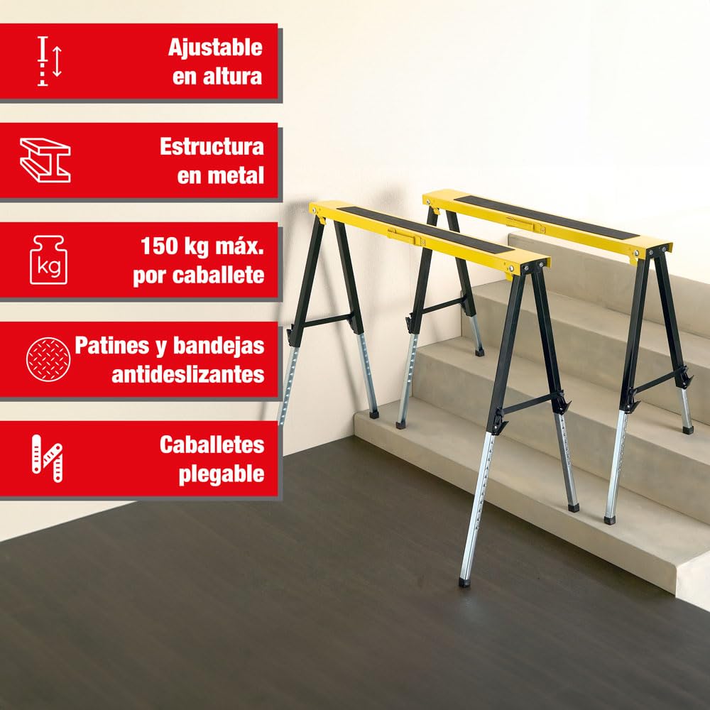Caballetes Ajustables Telescópicos de Metal - Altura 64-91 cm, Carga 150 kg, Plegables Antideslizantes