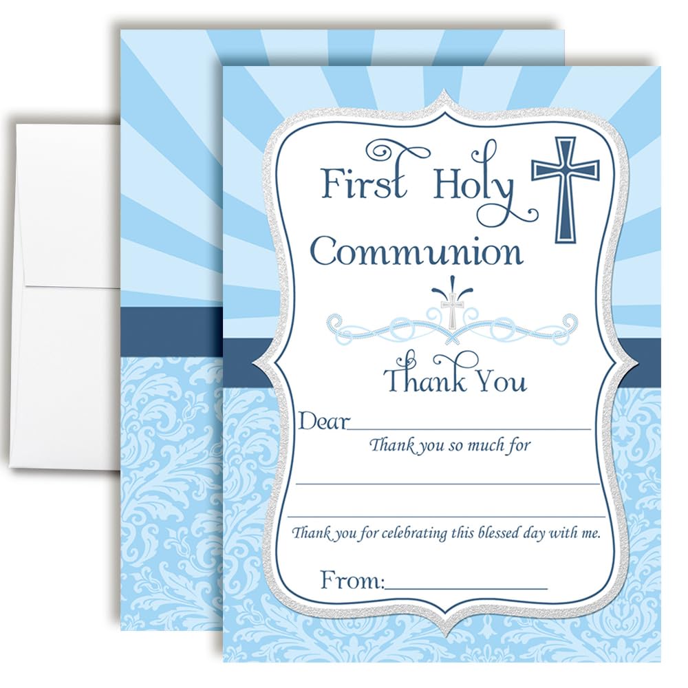 First Holy Communion Religious Thank You Notes for Boys Ten 4" x 5.5" Fill In The Blank Cards with 10 White Envelopes by AmandaCreation