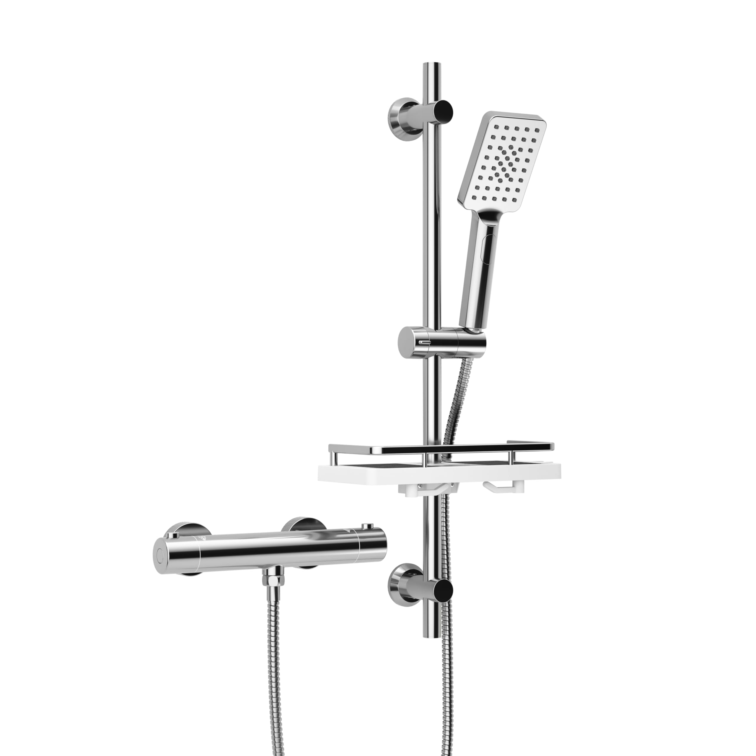 Görbach Thermostat Shower System with Shower Fixture Shower Rod Set with Shower Shelf, Thermostat Mixer Tap Shower Stainless Steel Shower Rod Set 70cm with Hand Shower and Hose Rectangular Chrome