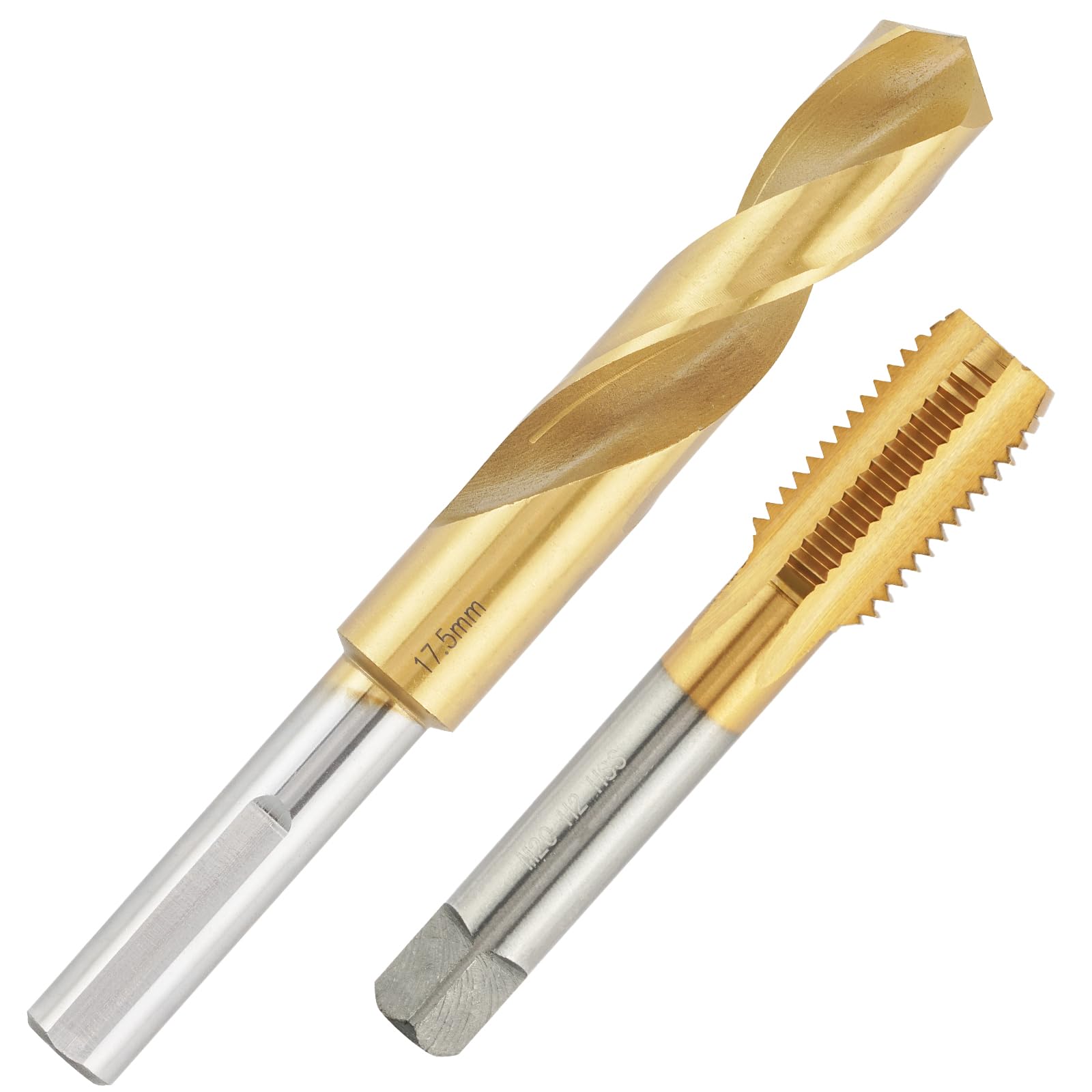 Aceteel M20x2.5 Tap with 17.5mm Drill Bit, Ti-Coated HSS M20*2.5 Thread Tap and 17.5mm Reduced Shank Twist Drill — image 1