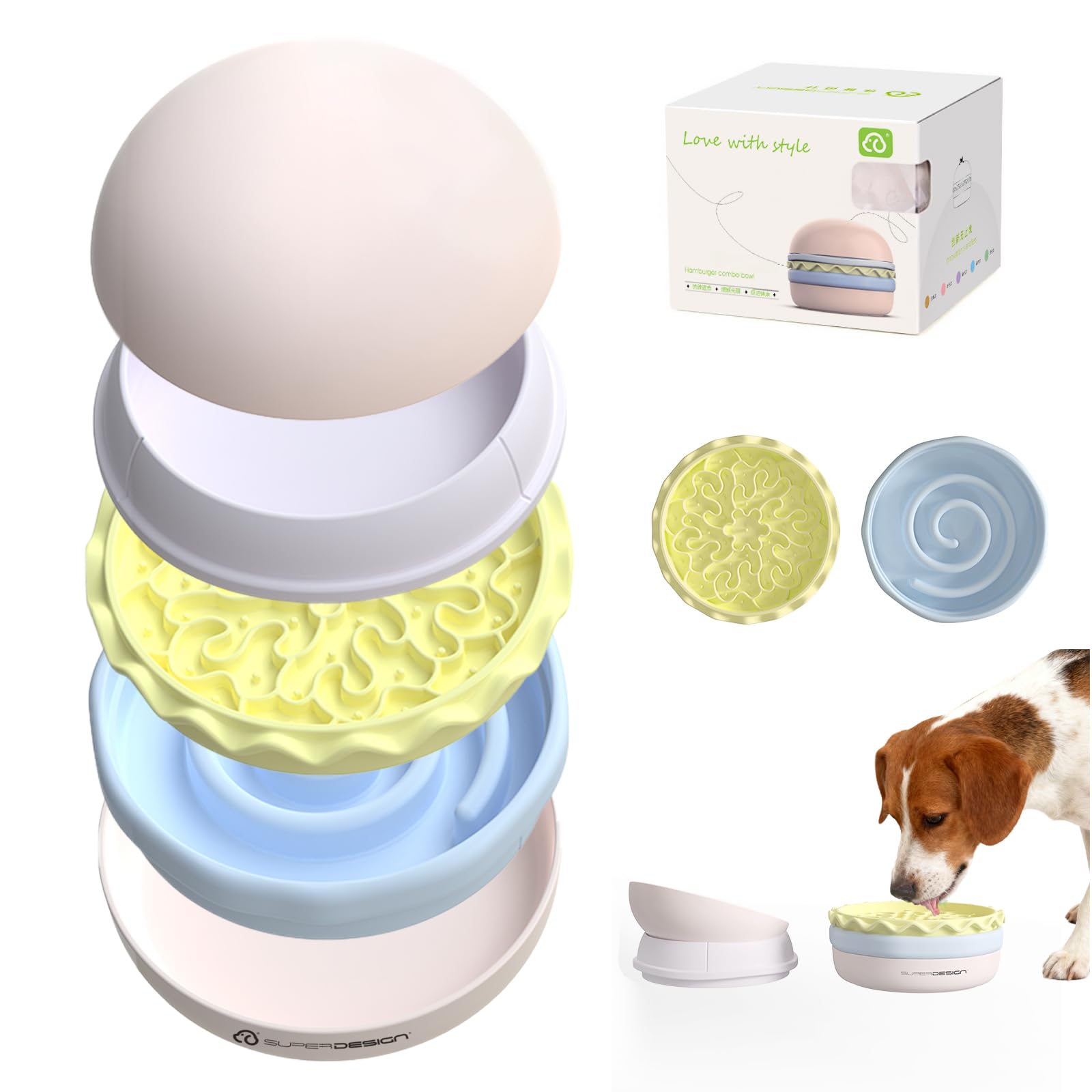 5-in-1 Dog Bowls Set, 6.1 inch Cute Colorful Hamburger-Shaped Dog Food Bowl Stackable for Easy Storage and Travel, Cat Bowls for Food and Water, Pet