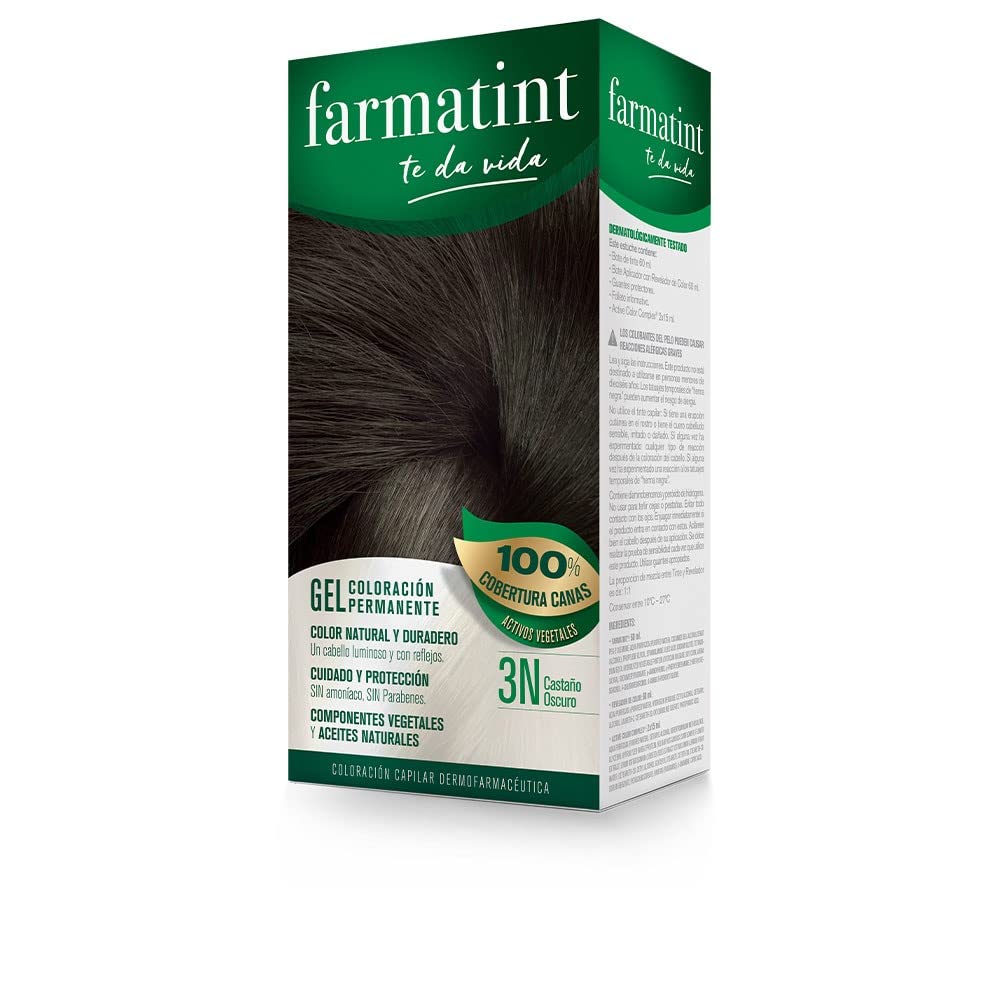 Farmatint Gel 3N Castaño Oscuro, Tinte Vegetal Permanente, Sin Amoníaco, Cobertura Completa de Canas, Cuida y Protege tu Cabello, Unidad de 135ml, El embalaje puede variar