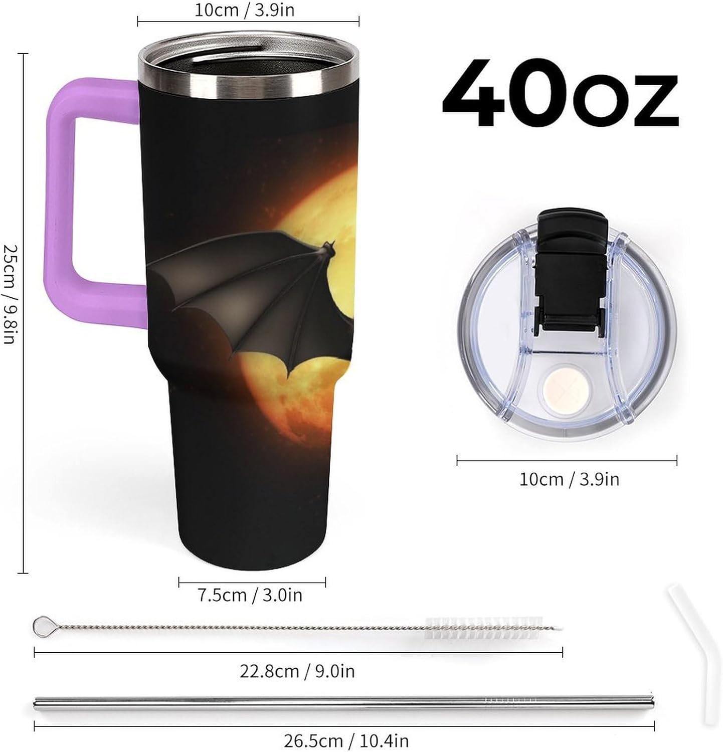 Halloween Bat Travel Coffee Mug Reusable Durable Stainless Steel Insulated Tumbler with Handle And Straw Leak Resistant Portable Thermal Cup Gifts for Men Women 40 Oz