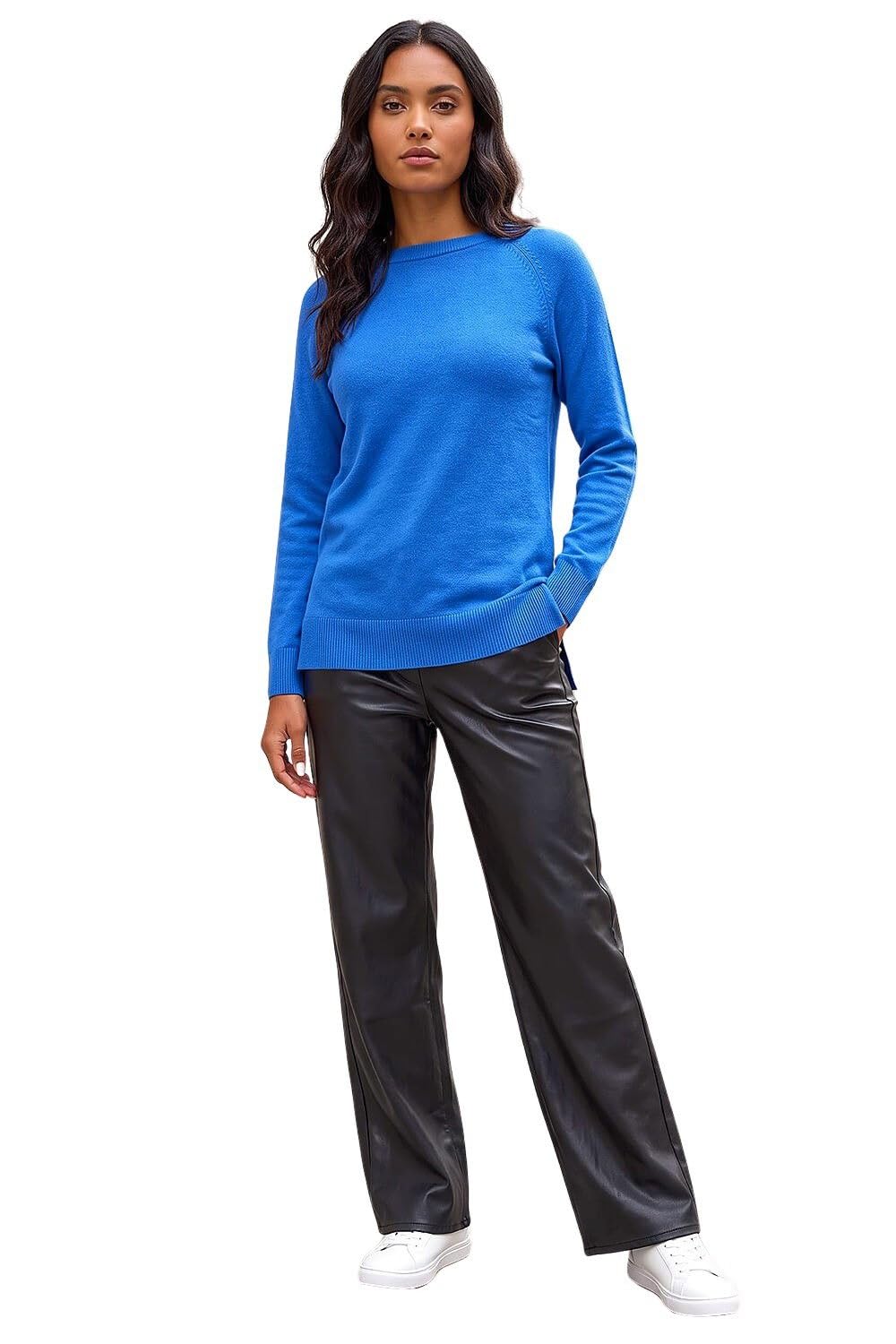 Roman Soft Jumper for Women UK Ladies Winter Autumn Sweater Knit Knitwear Round Crew Neck Top Plain Lightweight Comfy Long Sleeve Split Hem Everyday Daywear - Blue - Size 16