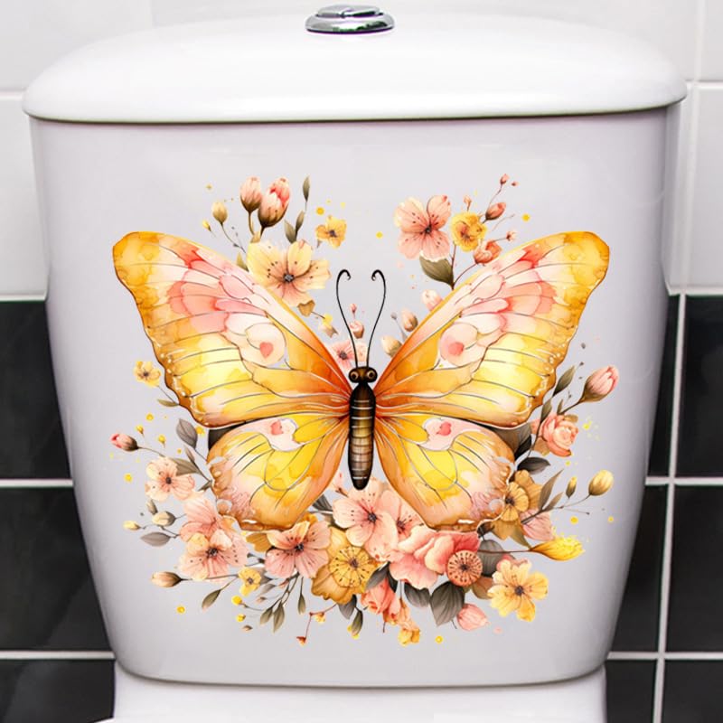 Golden Butterfly Flower Toilet Cover Sticker Decals,Fish Bird Flower Leaf Waterproof Toilet Lid Tank Seat Decals Cistern Self-Adhesive Bathroom Wall Sticker