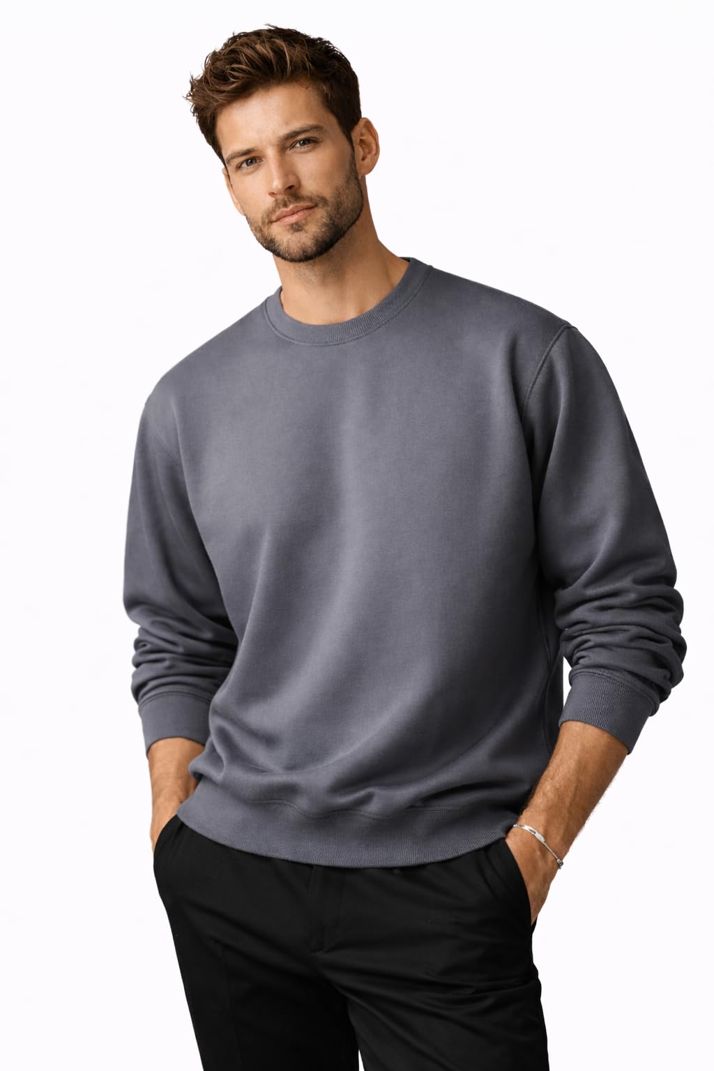Men Crew Neck Sweatshirt Solid Pullover Long Sleeve Round Neck Plain Design Casual Wear Upper Body Garment for Everyday Use-picture-22