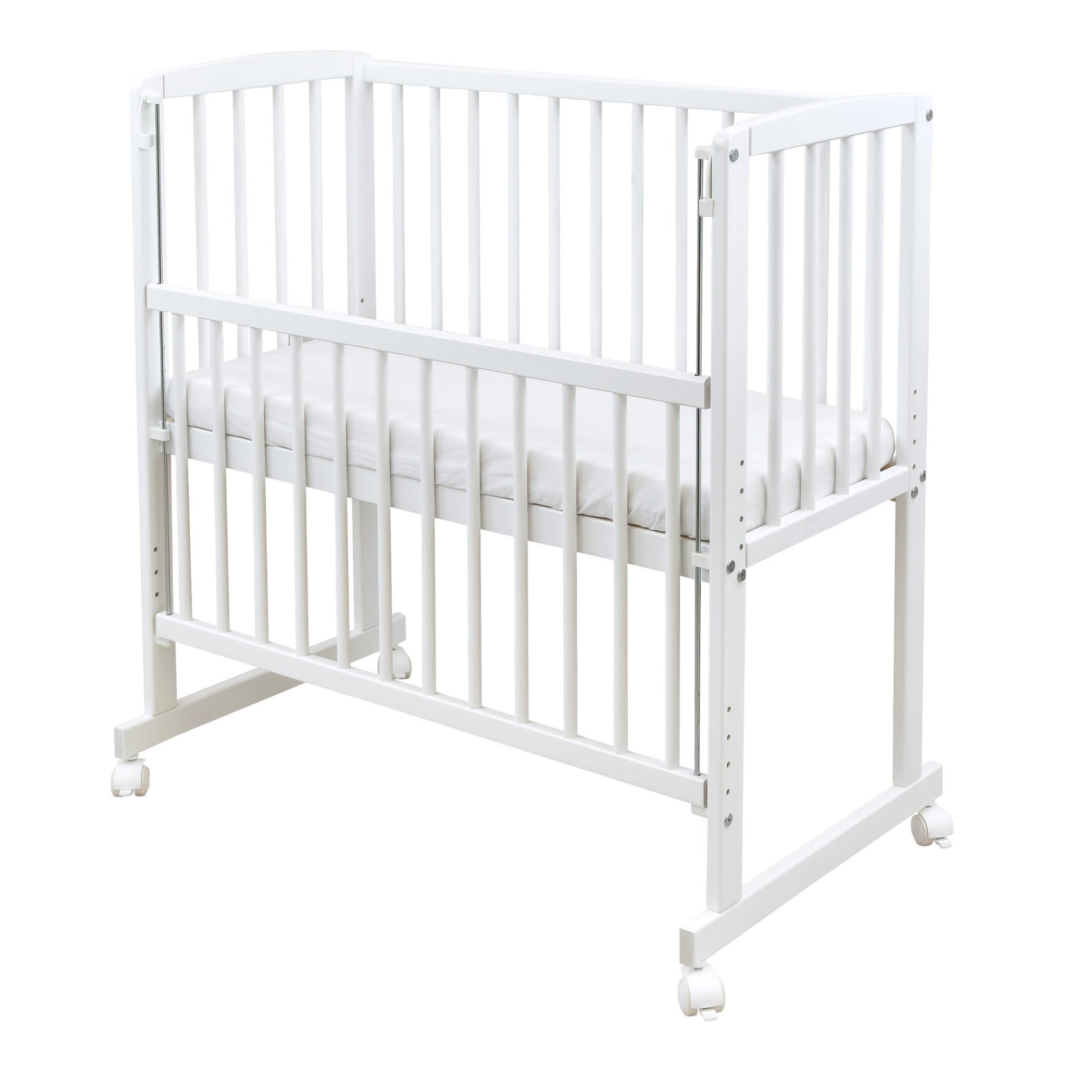 Baby Beistellbett weiß 90x40 cm höhenverstellbar mit Rädern und Matratze inkl. Kuscheltier Teddy
