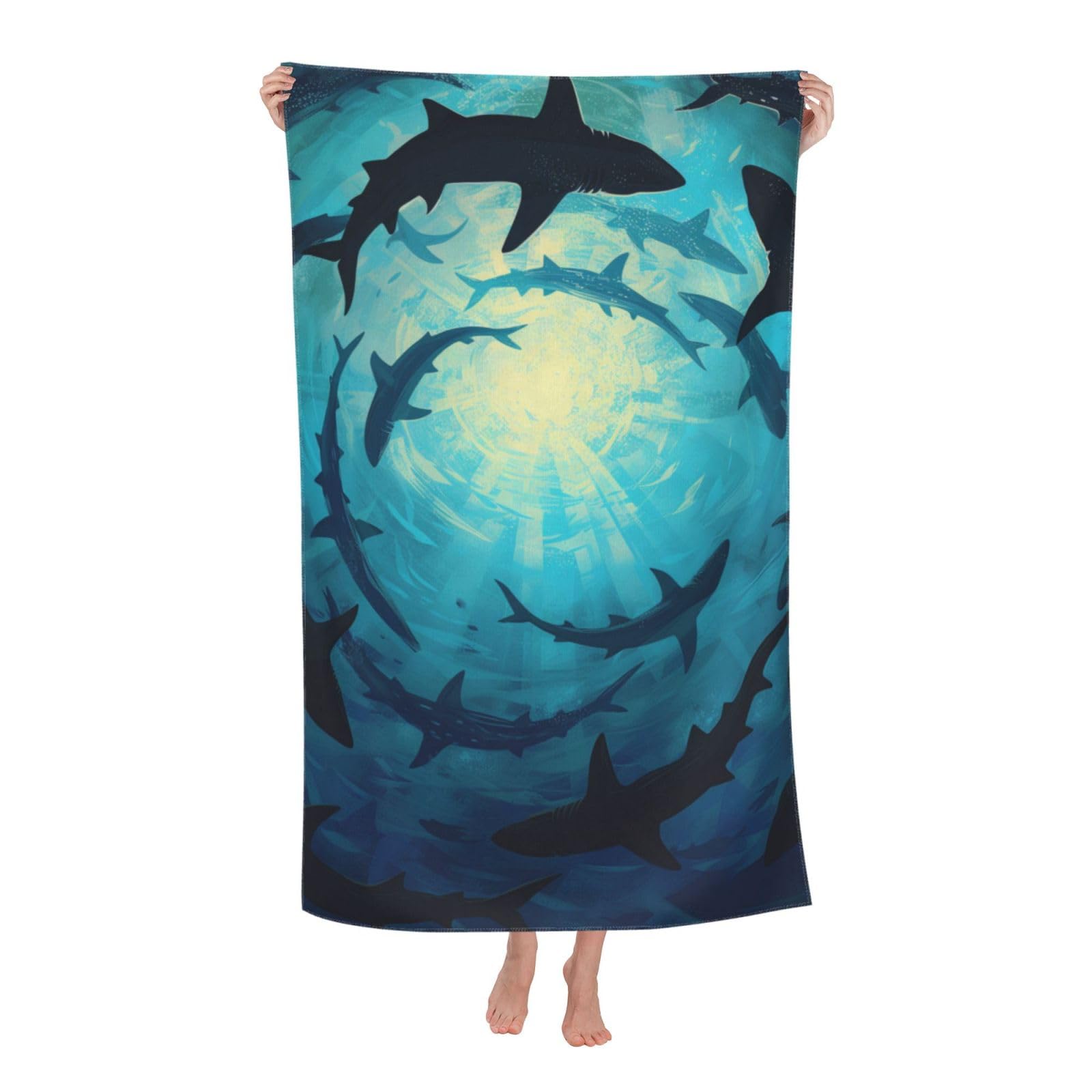 HLBSDM Ocean Shark Beach Towel Microfiber Sand Free Towels for Adult Kid Quick Dry Ultra Absorbent Super Soft Pool Travel Swim Bath Shower Towel 52”x 32”