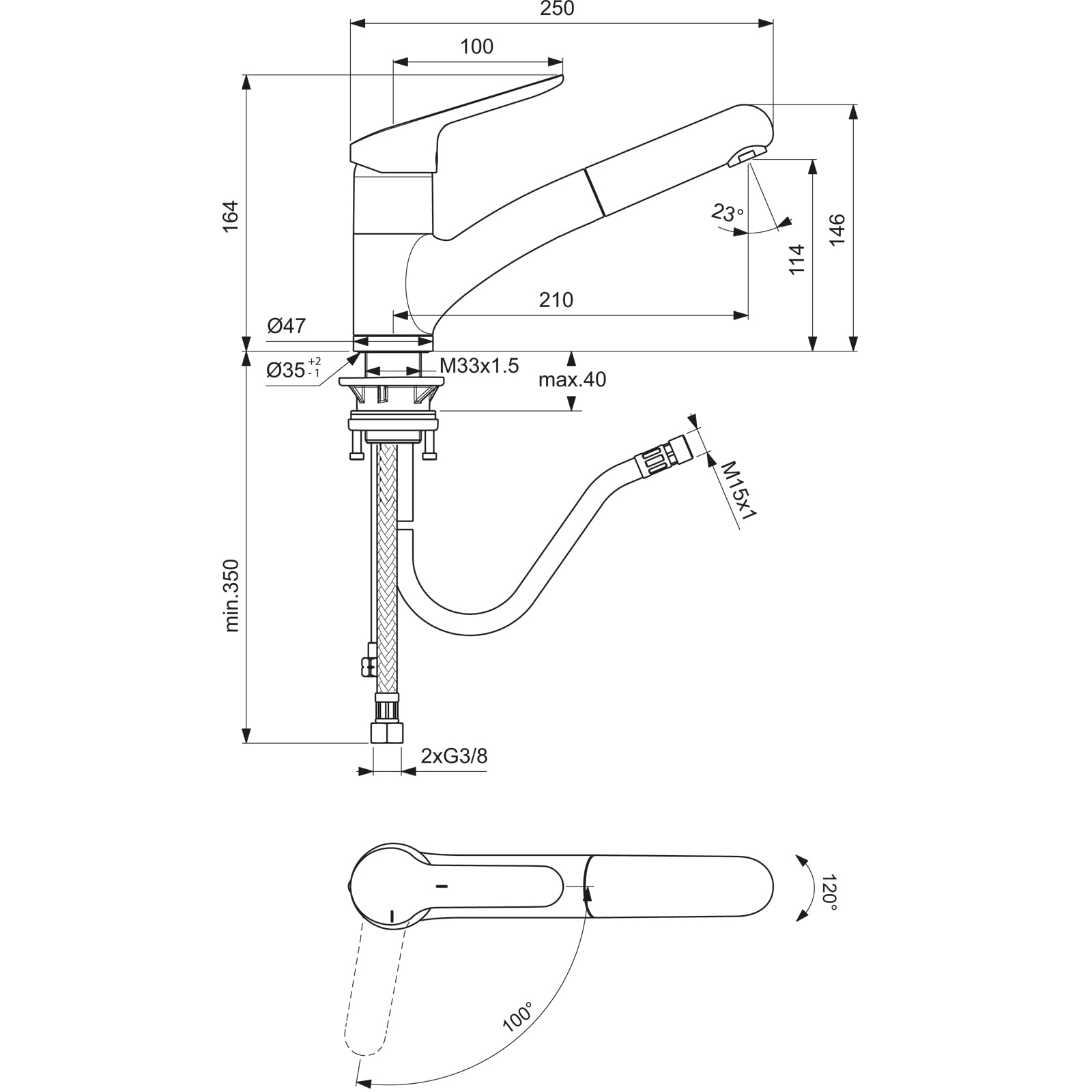 Ideal Standard – Ceraflex Küchenarmatur, Auslaufhöhe 114 mm, mit 1-Funktionshandbrause, FirmaFlow Kartusche, Schwenkbereich 120°, Schaftverschraubung von unten, Chrom