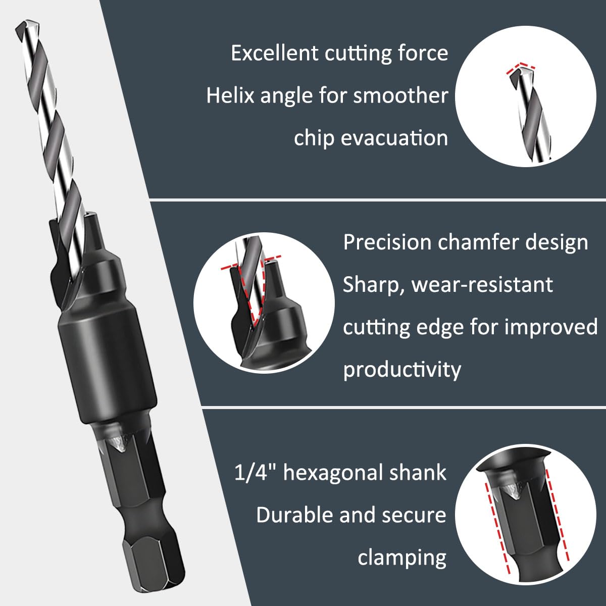 Juego de cortadores de tapones para madera Brocas avellanadoras (#5, #6, #8, #10, #12) 1/4 Inch Hex Shank madera enchufe agujero cortador Garra de acero al carbono para carpintería