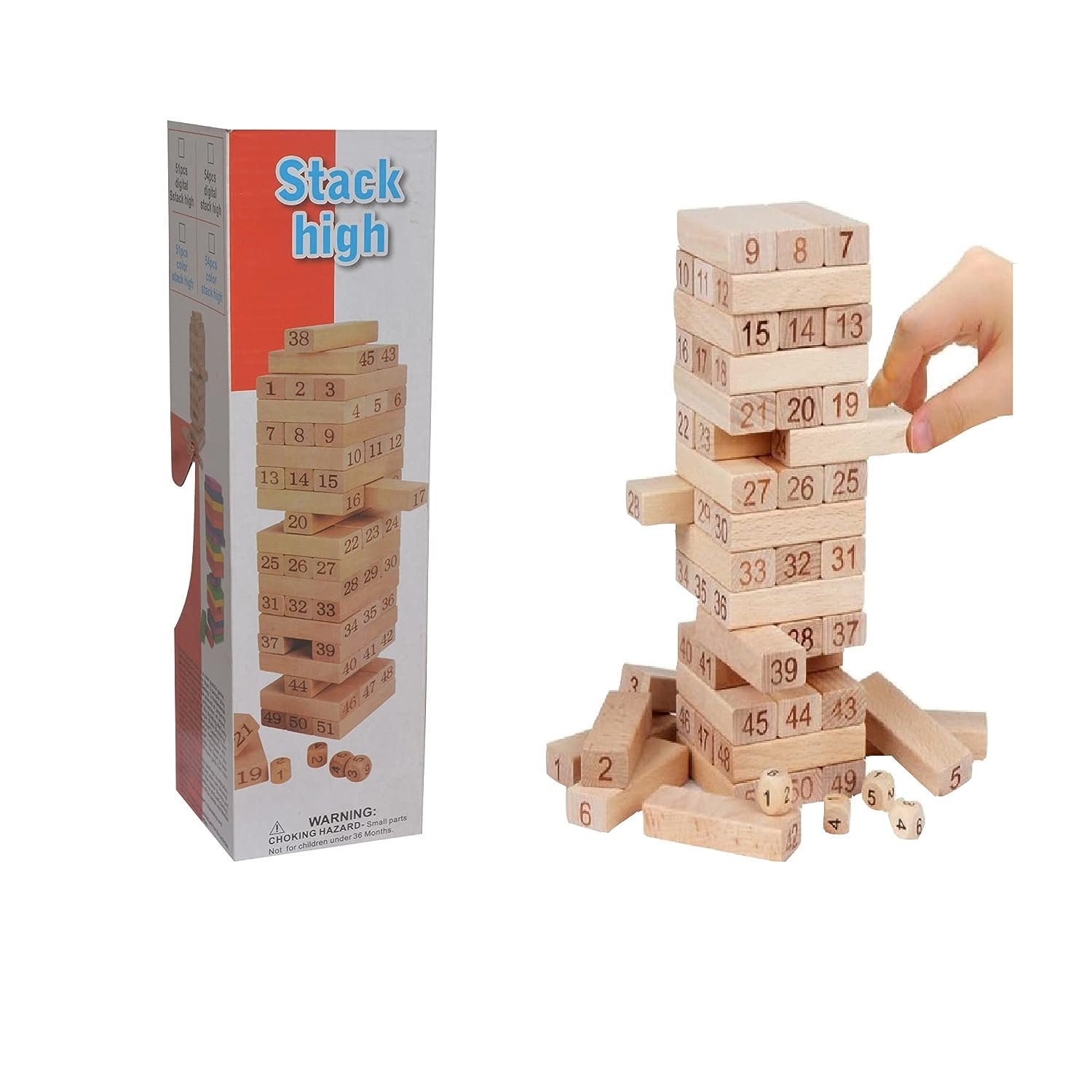 Kids Time High Stack Wooden Block Game - 54 Pieces Classic Numbered Tower Game for Kids, 1 or More Players