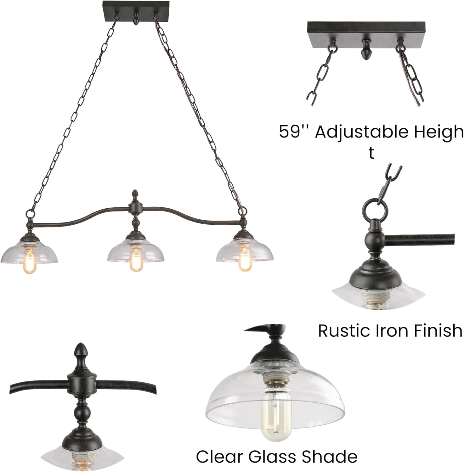 KSANA Black Farmhouse Chandelier, 3-Light Modern Linear Kitchen Island Lighting with Clear Glass Shade, Rustic Island Pendant Lights Chandeliers Light Fixture for Dining Room & Kitchen
