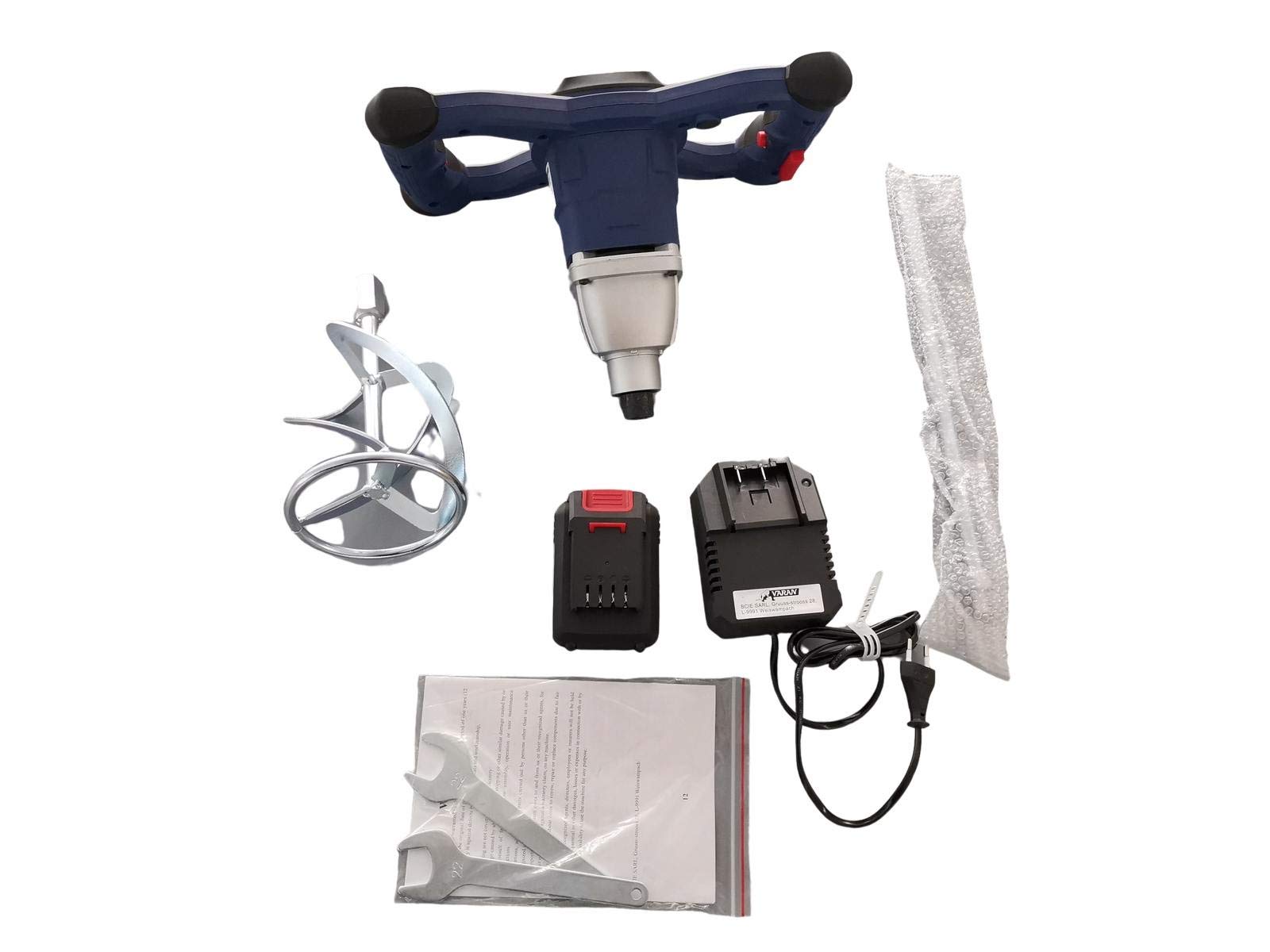 Varan Motors - M20-HQ-01 20 V 2 Ah mixer + caricatore, miscelatore per intonaco, cemento, malta, colla, gesso, intonaco... mixer a batteria
