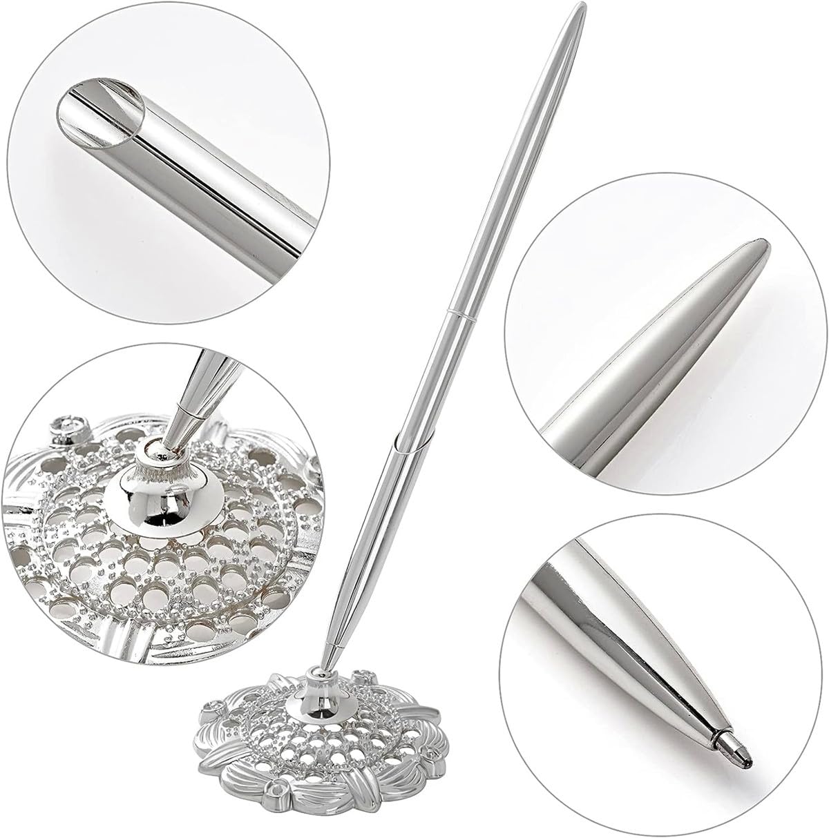 Rayibuir 2 Pieces Hollow Round Pen Holder Signing Pen Set for Wedding Bridal Engagement Guests Book Valentine's Day Favor (Silver) - Image 3