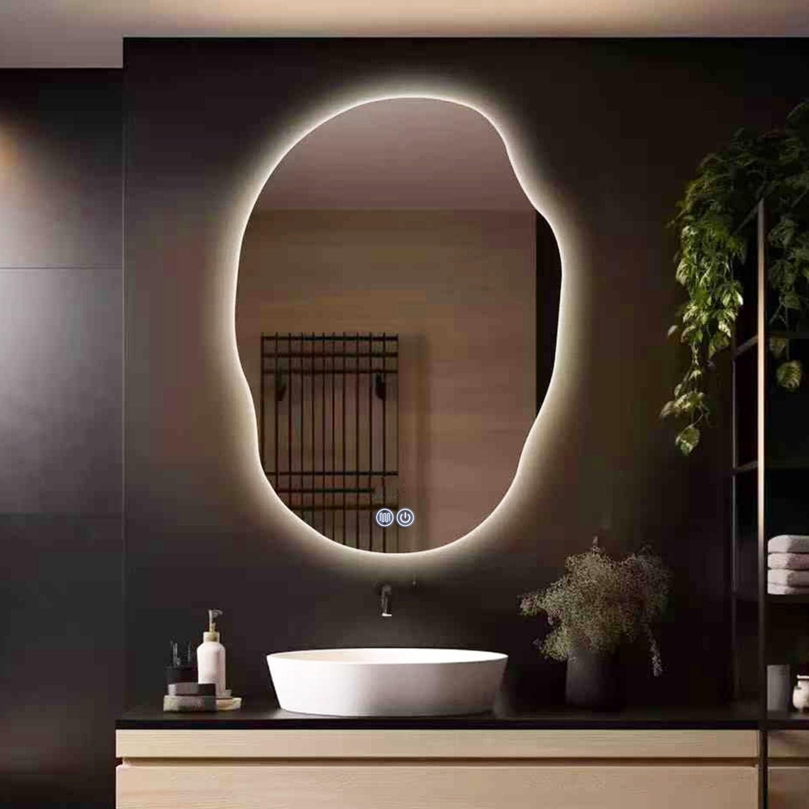 SXFSDOU LED-illuminated Anti-fog Bathroom Mirror, Dimmable with Smart Touch Controls, Irregular Asymmetrical Design, Vertical/Horizontal Mounting