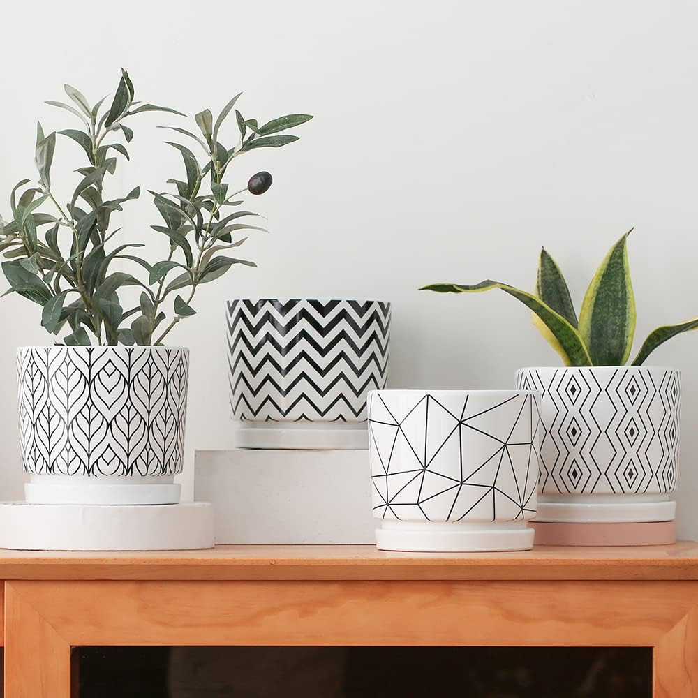 Set of 4 White Ceramic Planters with Drainage Holes