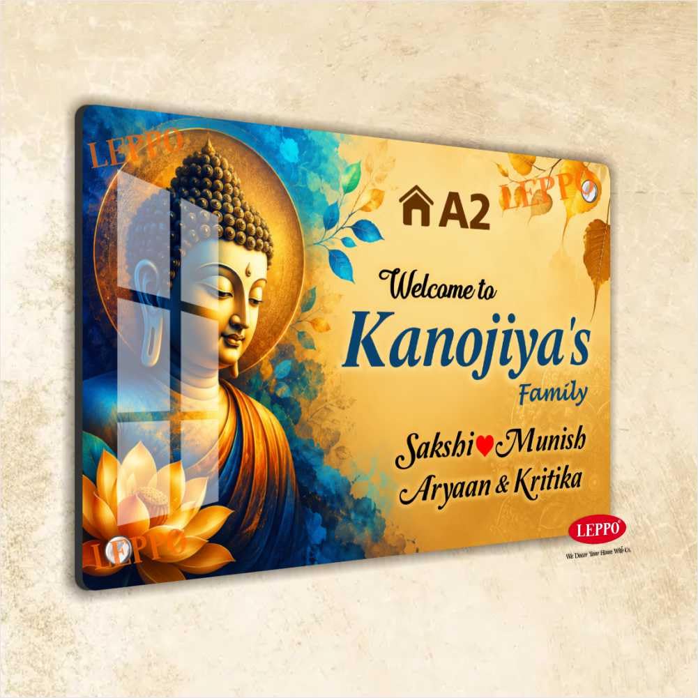 LEPPO Customized Gauttam Buddha Acrylic Name Plate | Personalized Family Name Board with House Number | Premium Glass Finish UV Printed Door Sign | Home Entrance Wall Decor Gift | (NP_330) (Buddha Peace Calm, Size 8 X 12 Inch)-image-30