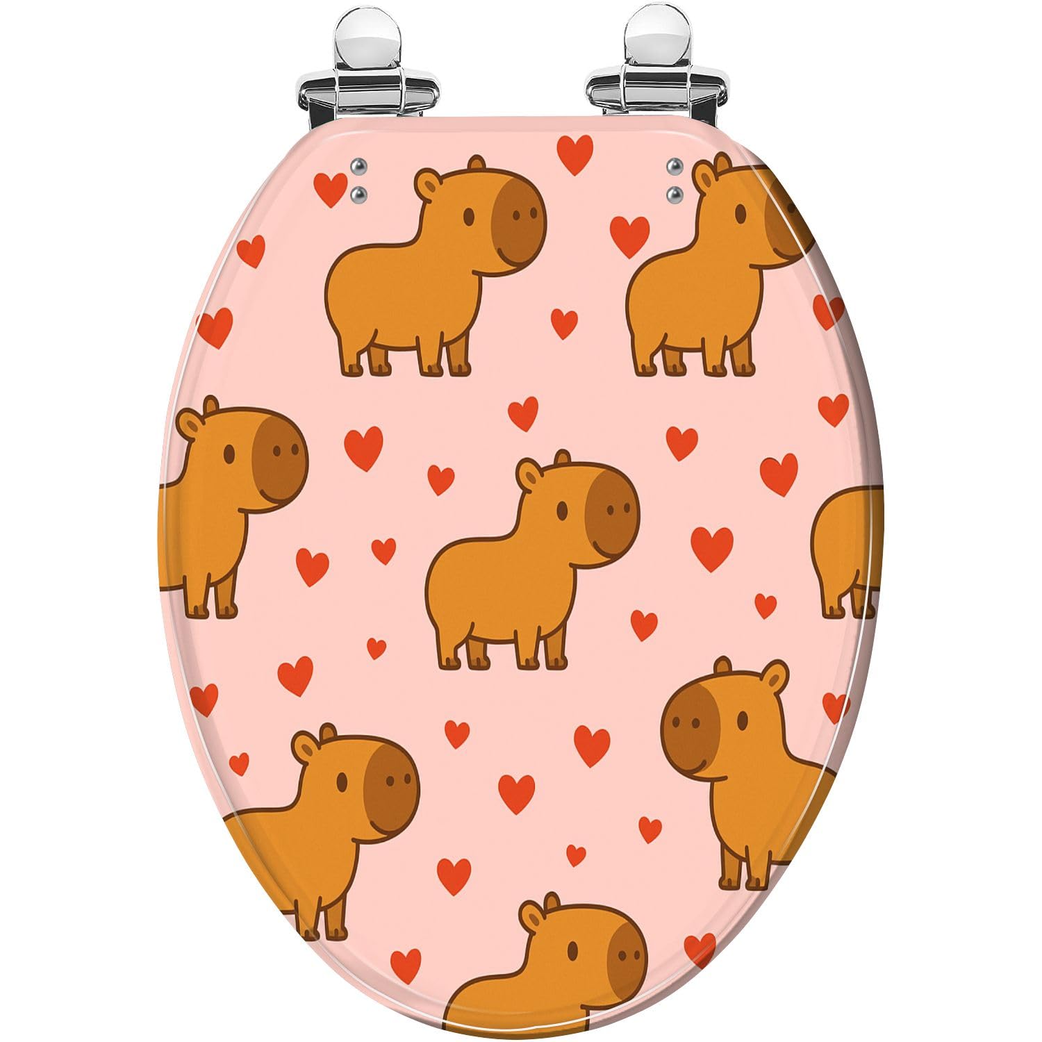 Elongated Toilet Seat Seamless pattern Cute animal capybara pink hearts for festive textile Resin Toilet Seat Quietly Close Quick Release Hinges with Cover Bumpers Decorative Easy to Install Clean