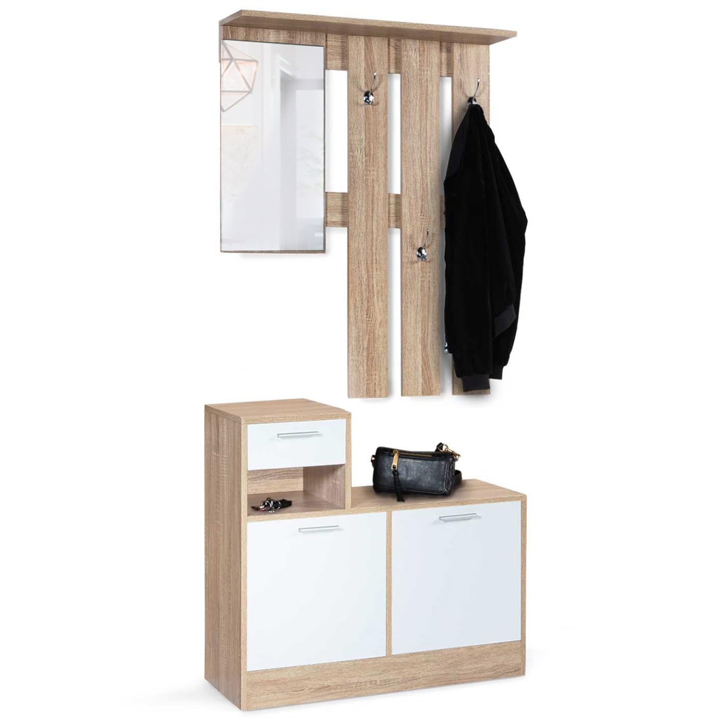IDMarket - Vestiaire d'entrée avec miroir PAULIN design hêtre portes blanches