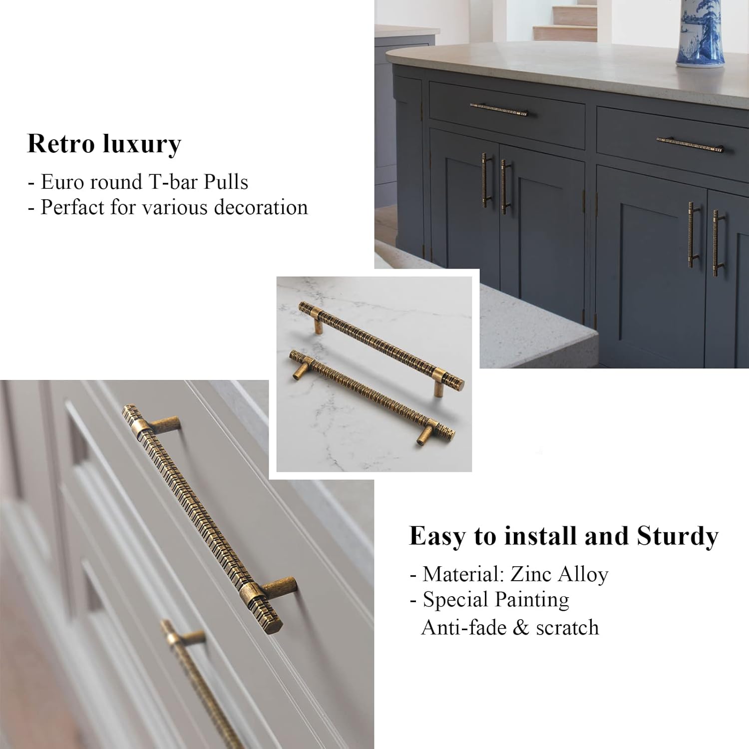Goo-Ki Antique Brass T Bar Cabinet Pulls/Affordable Luxury Zinc Alloy Cabinet Handles with Knurled/7.56'' (192mm) Hole Center,6 Pack