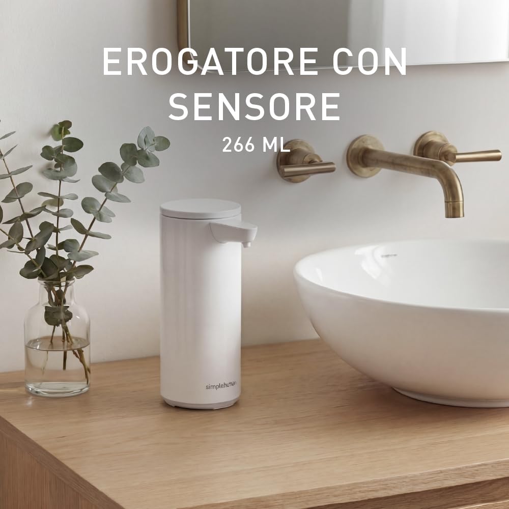 simplehuman Pompa a sensore, in acciaio legato, bianco, 266 ml ricaricabile (modello 2024)