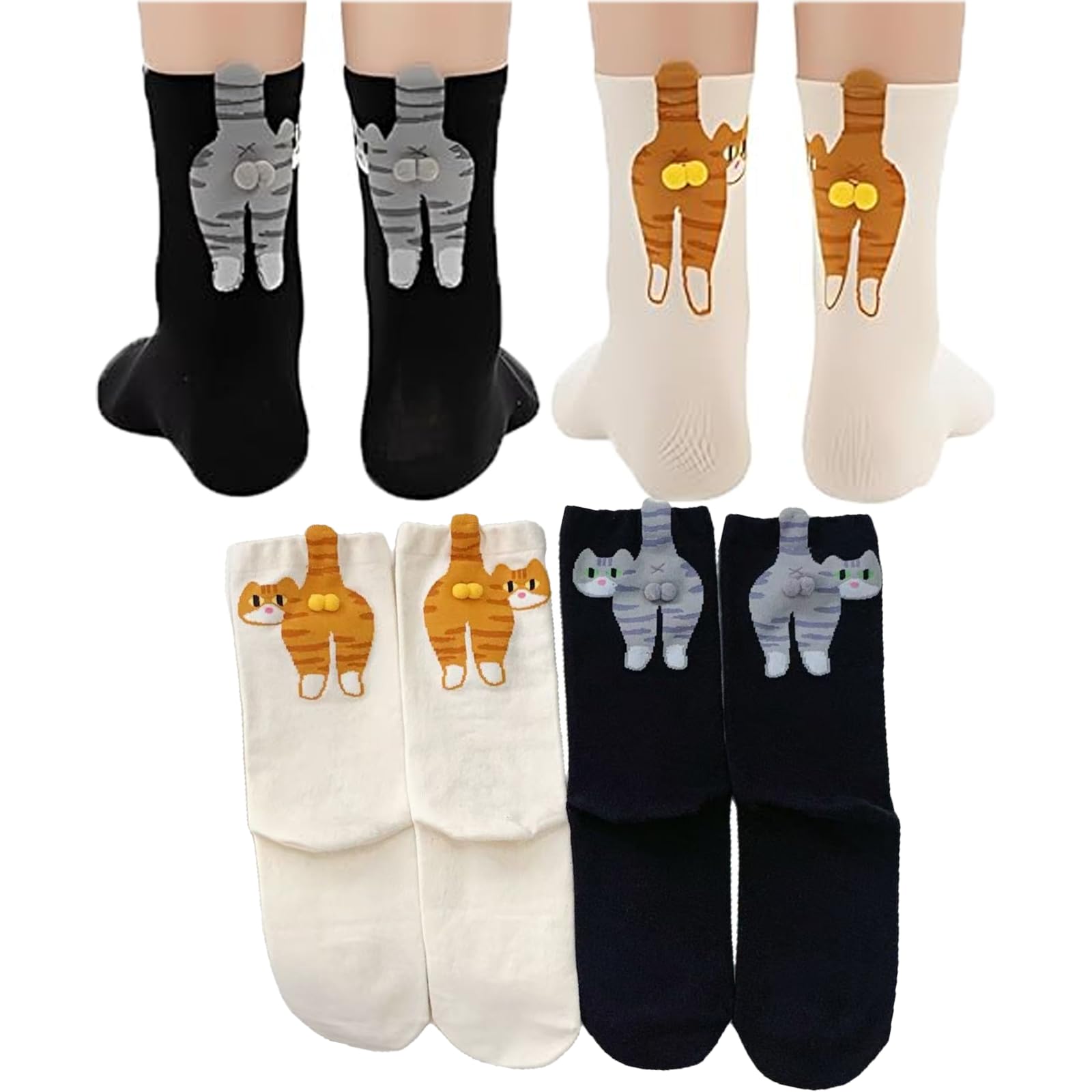 Funny Socks, Whimsical Cat Pattern Socks, 4-Piece Set with Cartoon Cat Design, White and Black Color Options, Soft Cotton Material, Novelty Socks for Casual Wear and Gift Giving-image-13