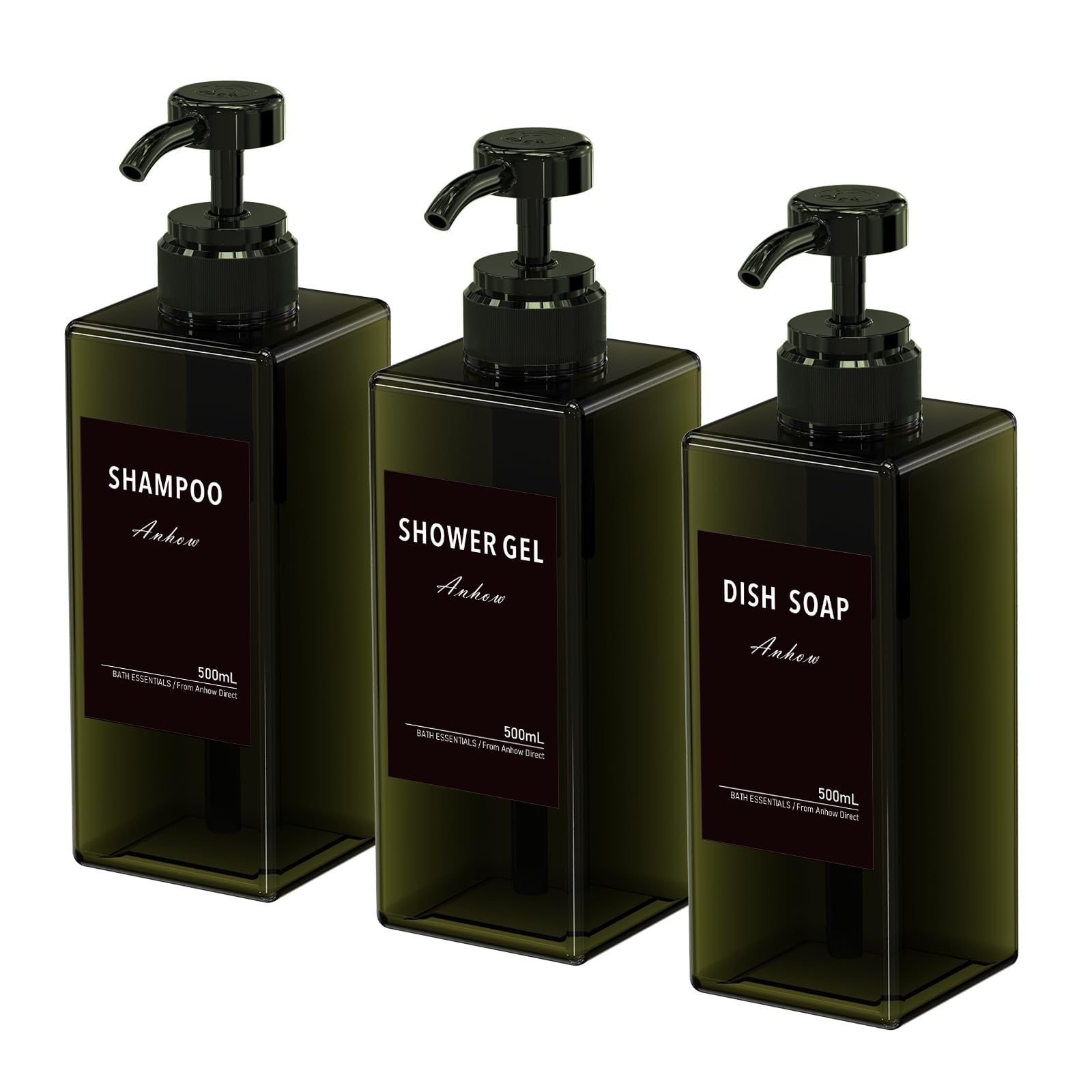 3 Pcs Dispensador de Botellas de Recargable, 500ml Dispensador Gel y Champu Ducha Contenedor de Loción con 16 Etiqueta Impermeable, para Baño, Viajes, Hoteles - Verde