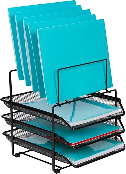 Mesh Desk Organizer and Storage, Office Organizer with 3 Sliding Letter Trays and 5 Vertical File Holders, Steel Mesh File Rack for Binders, Folders, and Clipboards. Letter Tray for Desk Organization