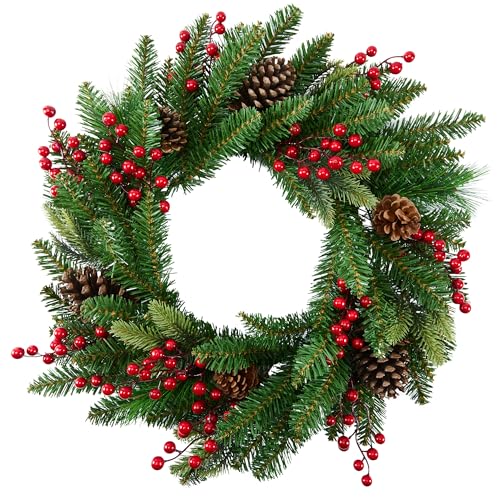 WILLITAT Large Outdoor Christmas Wreath, 24 Inch Christmas Wreaths for Front Door Outside, Farmhouse Indoor Winter Wreath Window, Home Decorations with Pine Cones, Red Berries, Evergreen Leaves