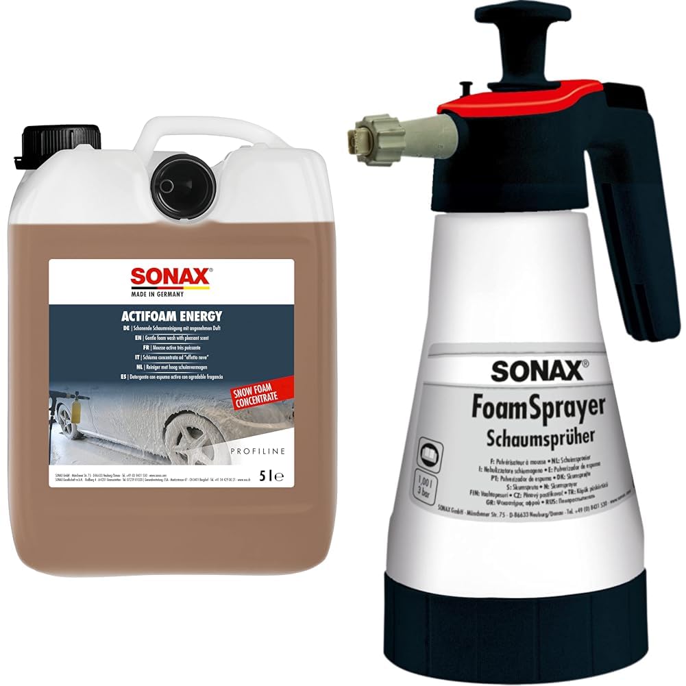 SONAX PROFILINE ActiFoam Energy (5 Liter) stark schmutzlösender Reiniger & FoamSprayer 1 Liter (1 Stück) Schaumsprüher