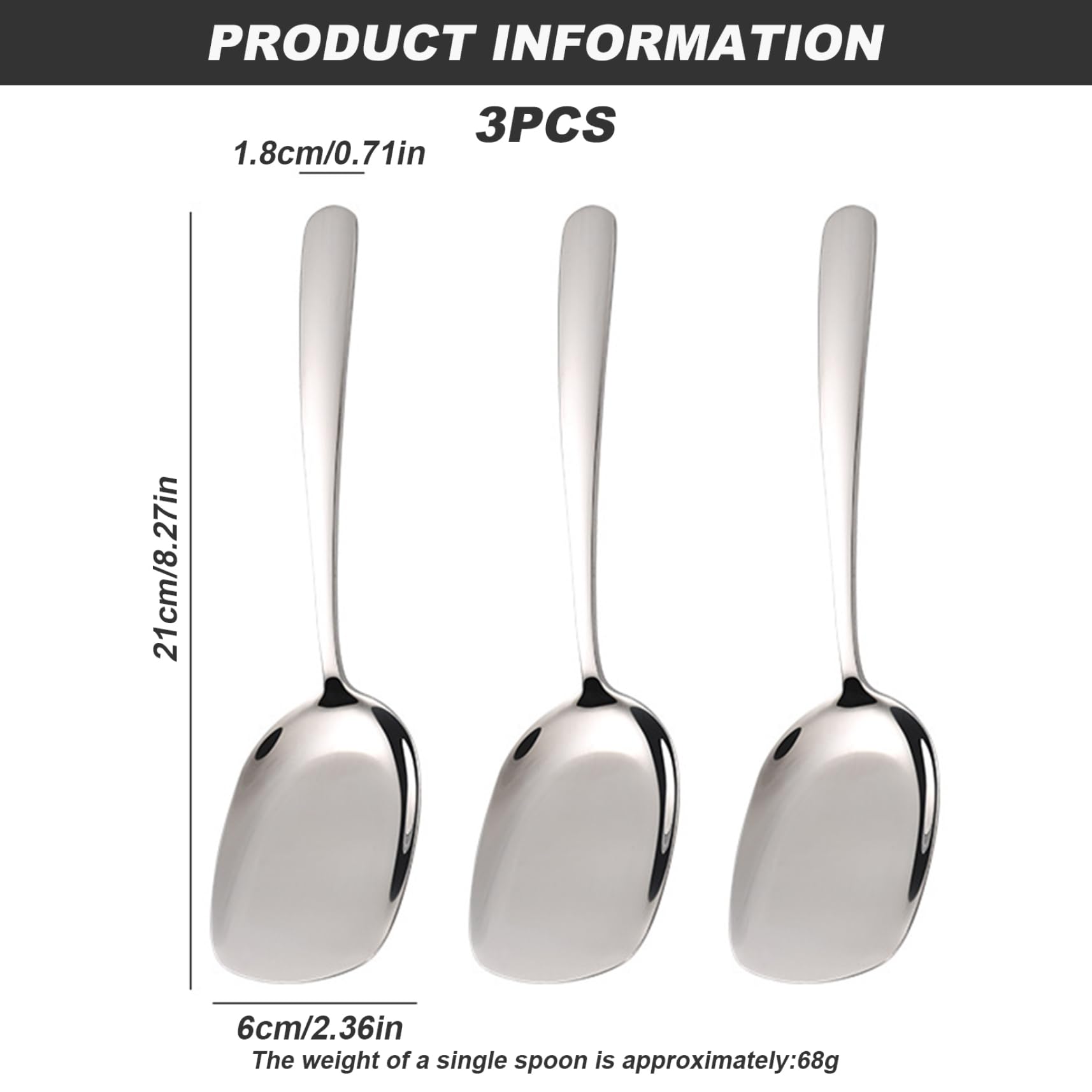 CUCUFA Serving Spoon 3Pcs Large 304 Stainless Steel Serving Spoons with Long Handle Mirror Polished Rectangular Round Edge 8.3x2.4in Serving Utensils for Buffet Party Restaurant Serving Spoon