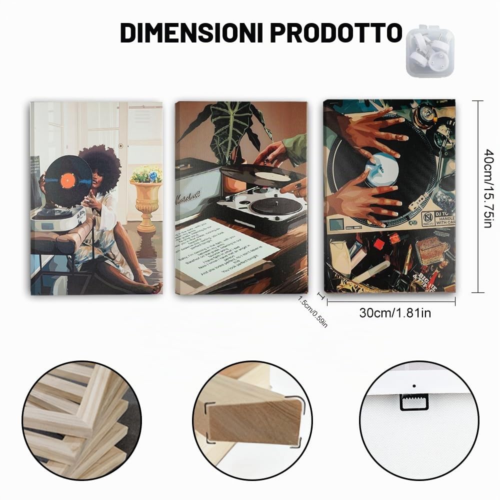 YunBey Set di 3 Opere d’Arte Murali in Tela con Tema di Dischi Vinili