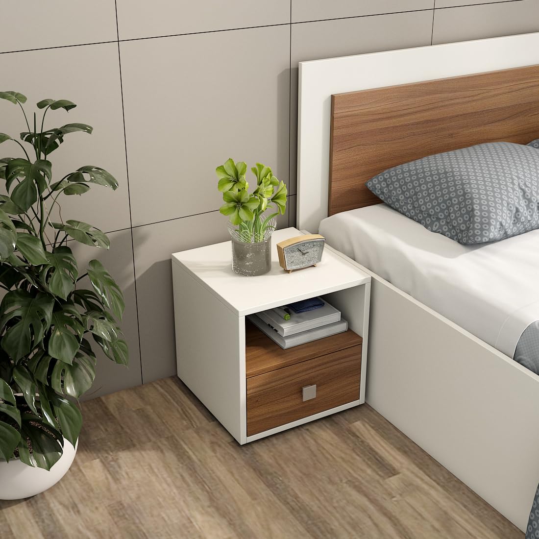 A GLOBIA CREATIONS Dimora Engineered Wood Bedside Table | Frosty White Finish | Sturdy & Stylish | Open & Closed Storage | 15 kg Load Capacity | 36-Month Warranty-picture-14