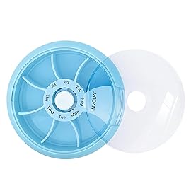 INVODA Weekly Pill Organizer 7 Compartment Rotating Pill Box for Daily Medication & Vitamins - Portable Travel Pill Case Fish Oil Supplements Vitamins Organizer (Sky Blue)