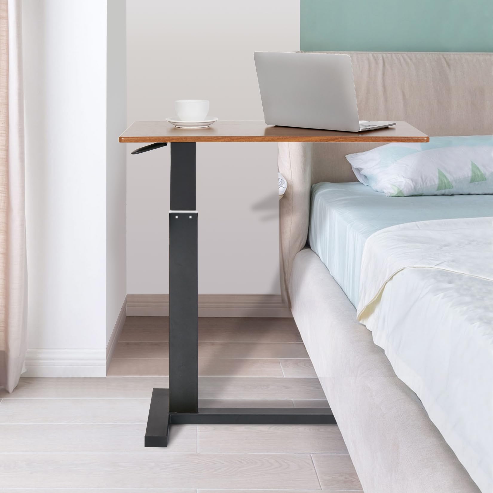 FATIVO Table de Lit à roulettes, Large Table Roulante Réglable en Hauteur de 68 à 105 cm Table pour Lit Médicalisé - Plateau 80x40cm, Vérin Pneumatique, Noir/Chêne