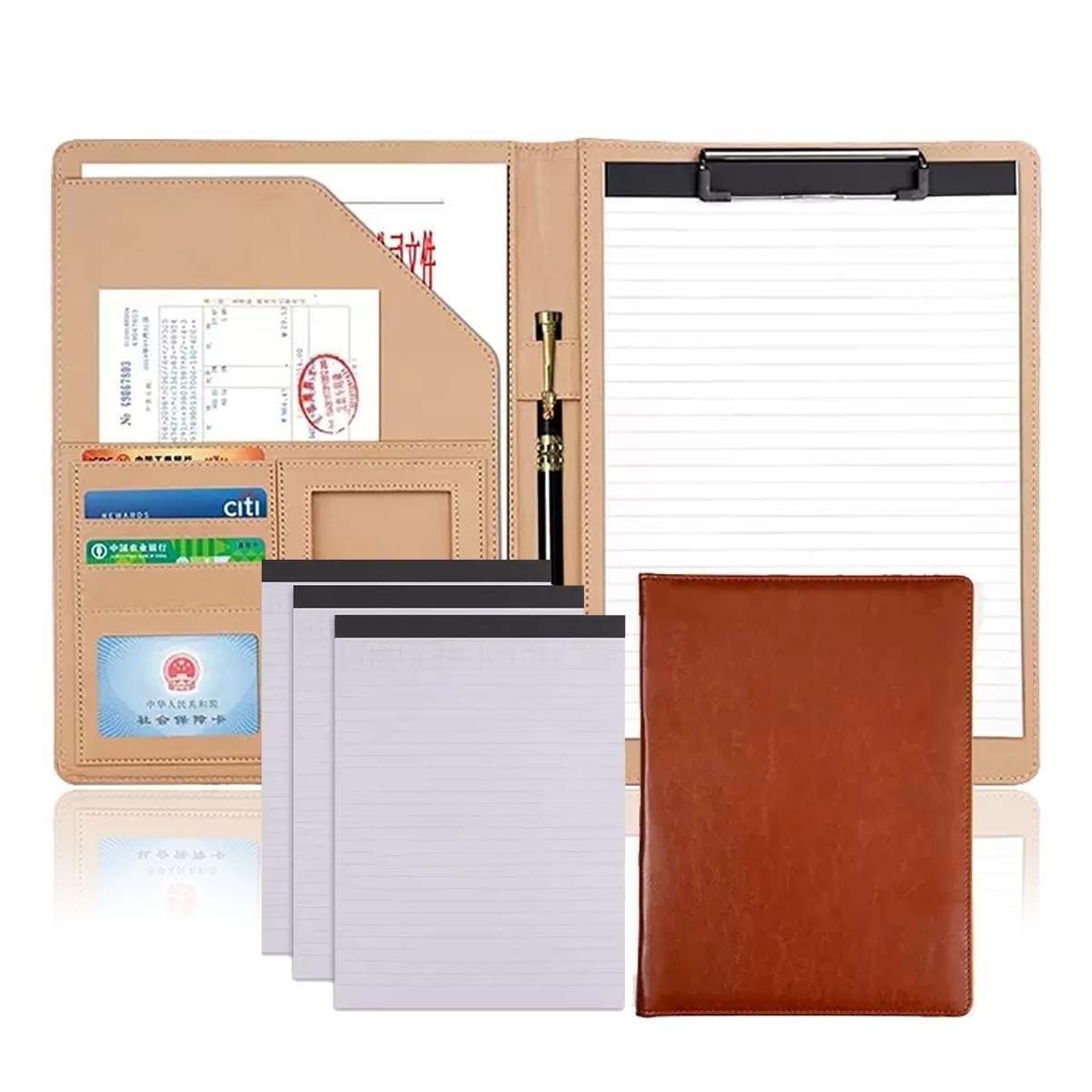 Raccoglitore di Portfolio, Cartella Portadocumenti A4 Padfolio con Blocchi for Appunti in Pelle PU Cartella Portadocumenti for conferenze aziendali Padfolio for Donne/Uomini(Brown)