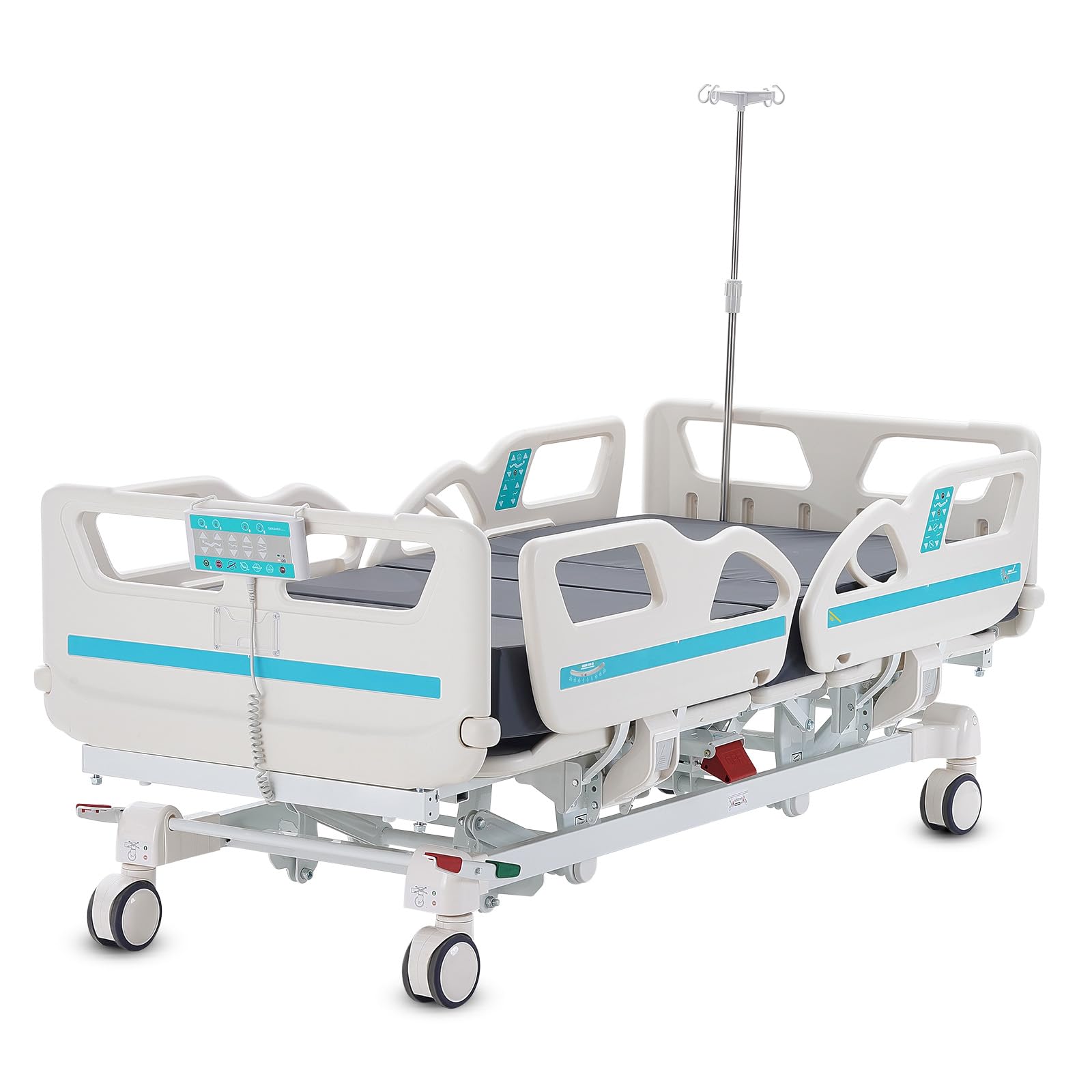 VEVOR Letto Ospedaliero con 5 Funzioni, Letto per Terapia Intensiva Medica Elettrico con Posizione Sedia Cardio, Trendelenburg Inverso, Rotelle Bloccabili per Uso Ospedaliero Domestico Carico 250kg