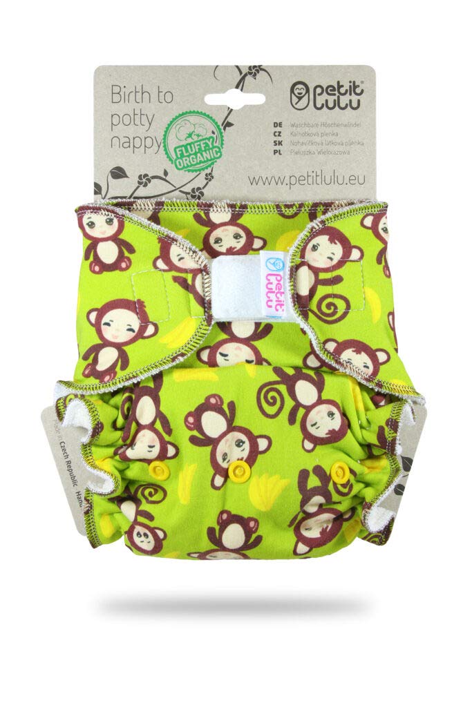 Petit Lulu Pannolino Mutandina Bambù Fitted Taglia Unica | Hook & Loop | Fluffy Organic | Pannolini di stoffa | Pannolini lavabili (Monkey Business)