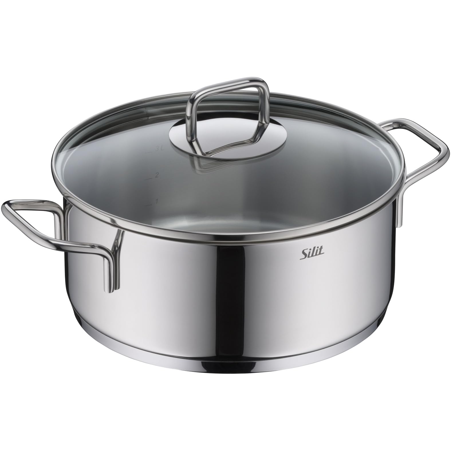 Silit Extra Cook, Bratentopf 24 cm mit Glasdeckel, Innenskalierung, breiter Schüttrand, hochwertiger, spülmaschinenfester Crominox-Edelstahl, Kochtopf groß, optimale Wärmeverteilung, Induktion