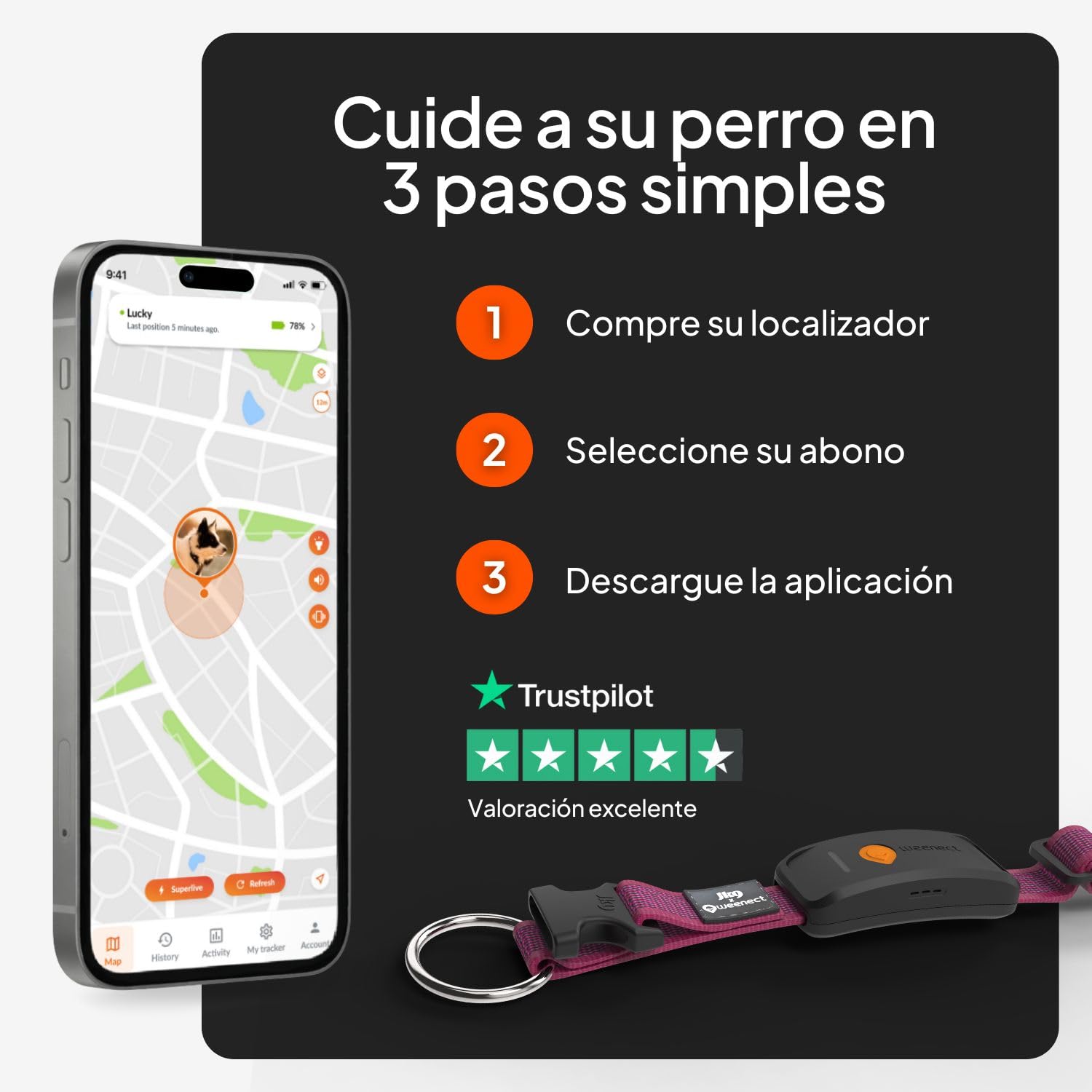 Weenect Dog XT - Nuevo Collar GPS para Perros | Antena XL | Impermeable | Collar Rosa Ultra-Resistente Integrado Julius-K9 | Garantía de por Vida | Suscripción requerida
