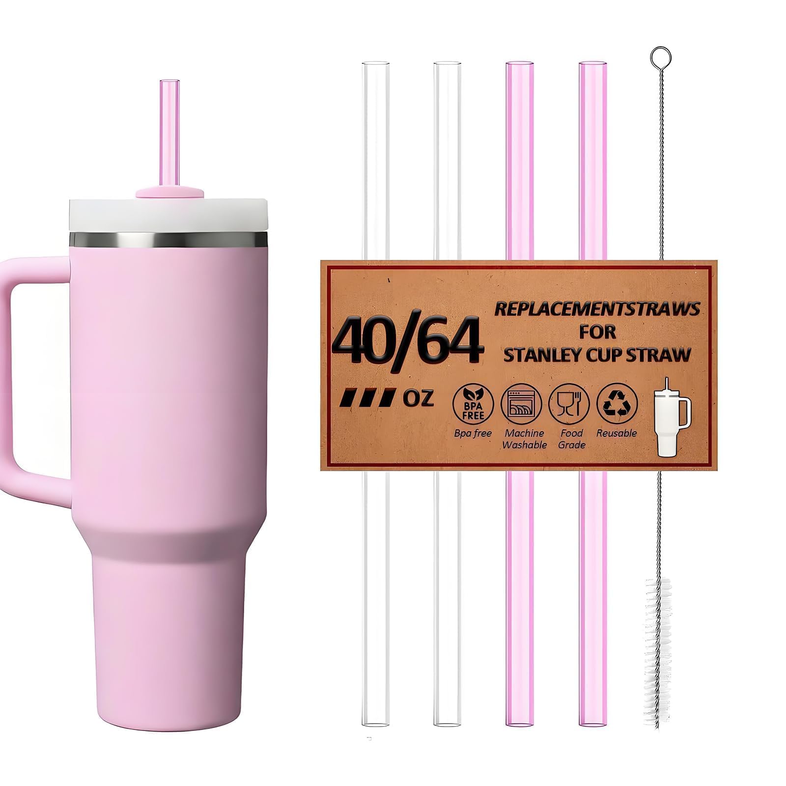 4 Pack Reusable Straws for Stanley Quencher H2.0 Tumbler 30oz | 40oz | 64oz, for Stanley Cup Accessories，Food Grade &amp; BPA Free, Machine washable（for 40/64oz, Clear*2/Pink*2）